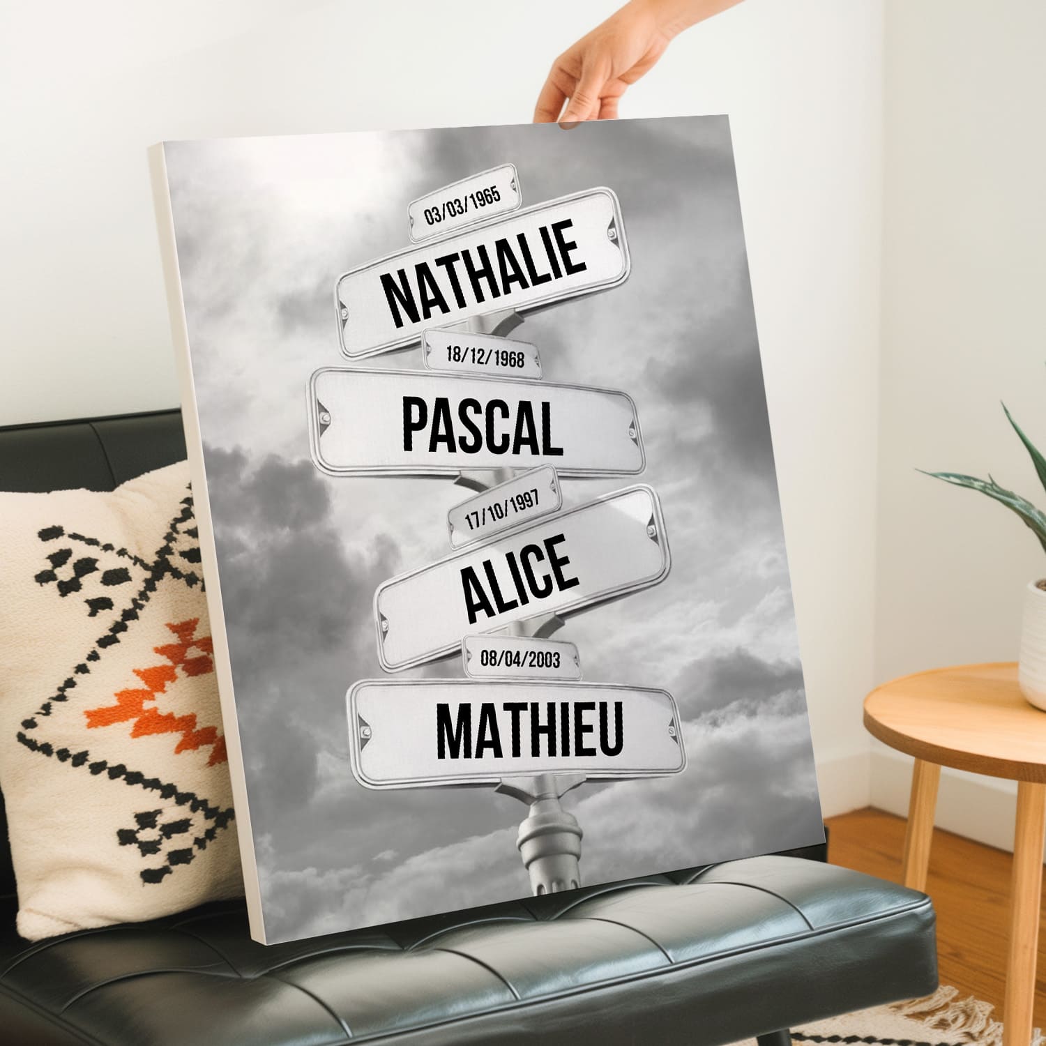 Toile Famille Personnalisée – Panneau Prénoms & Dates – Décoration Murale Originale