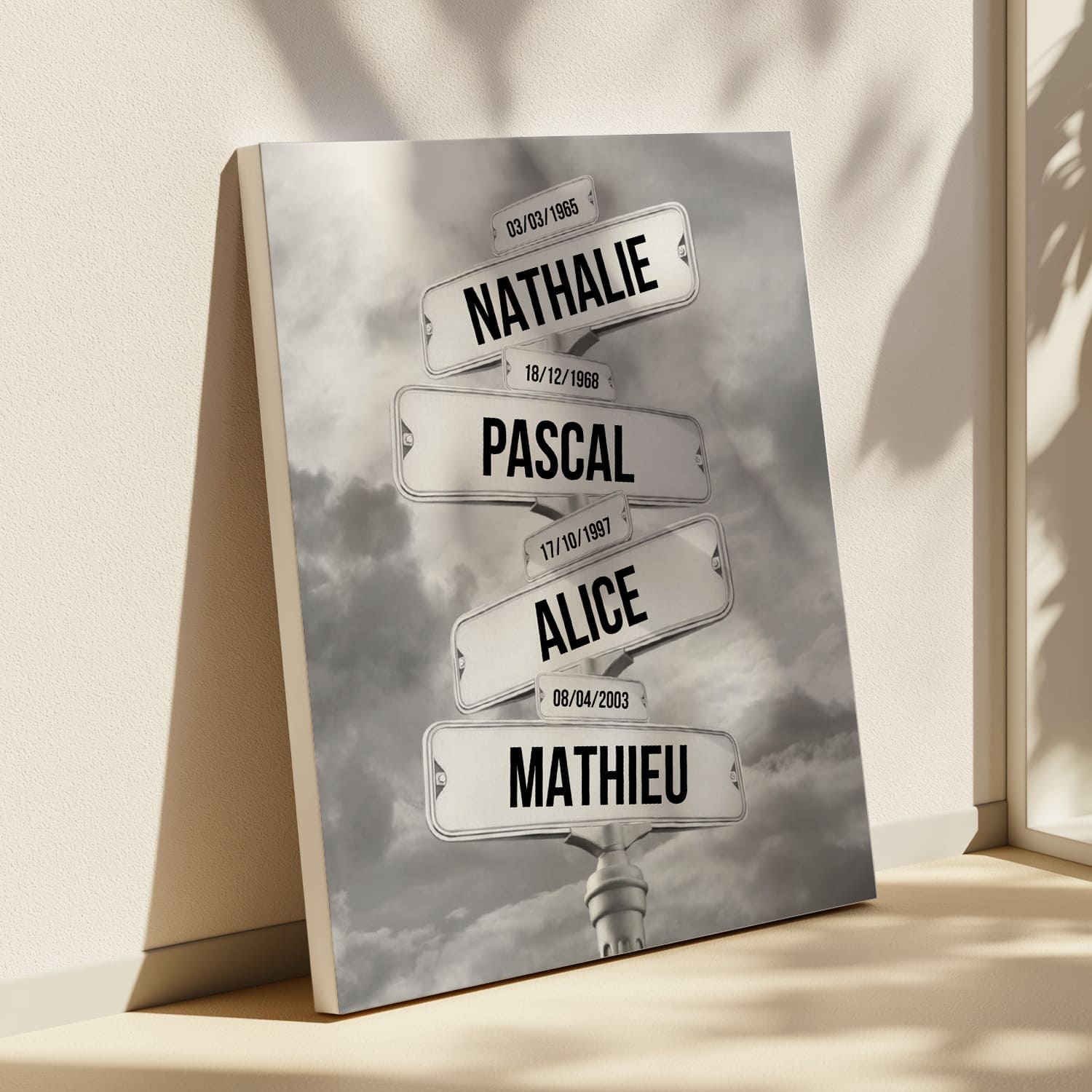 Toile Famille Personnalisée – Panneau Prénoms & Dates – Décoration Murale Originale