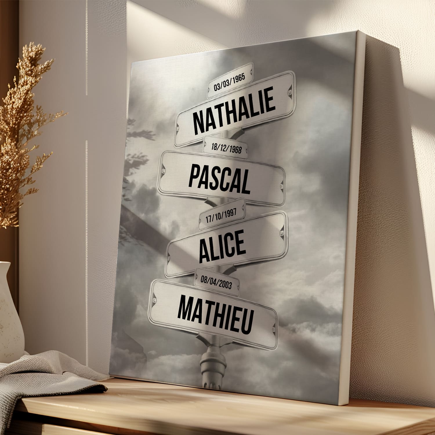 Toile Famille Personnalisée – Panneau Prénoms & Dates – Décoration Murale Originale