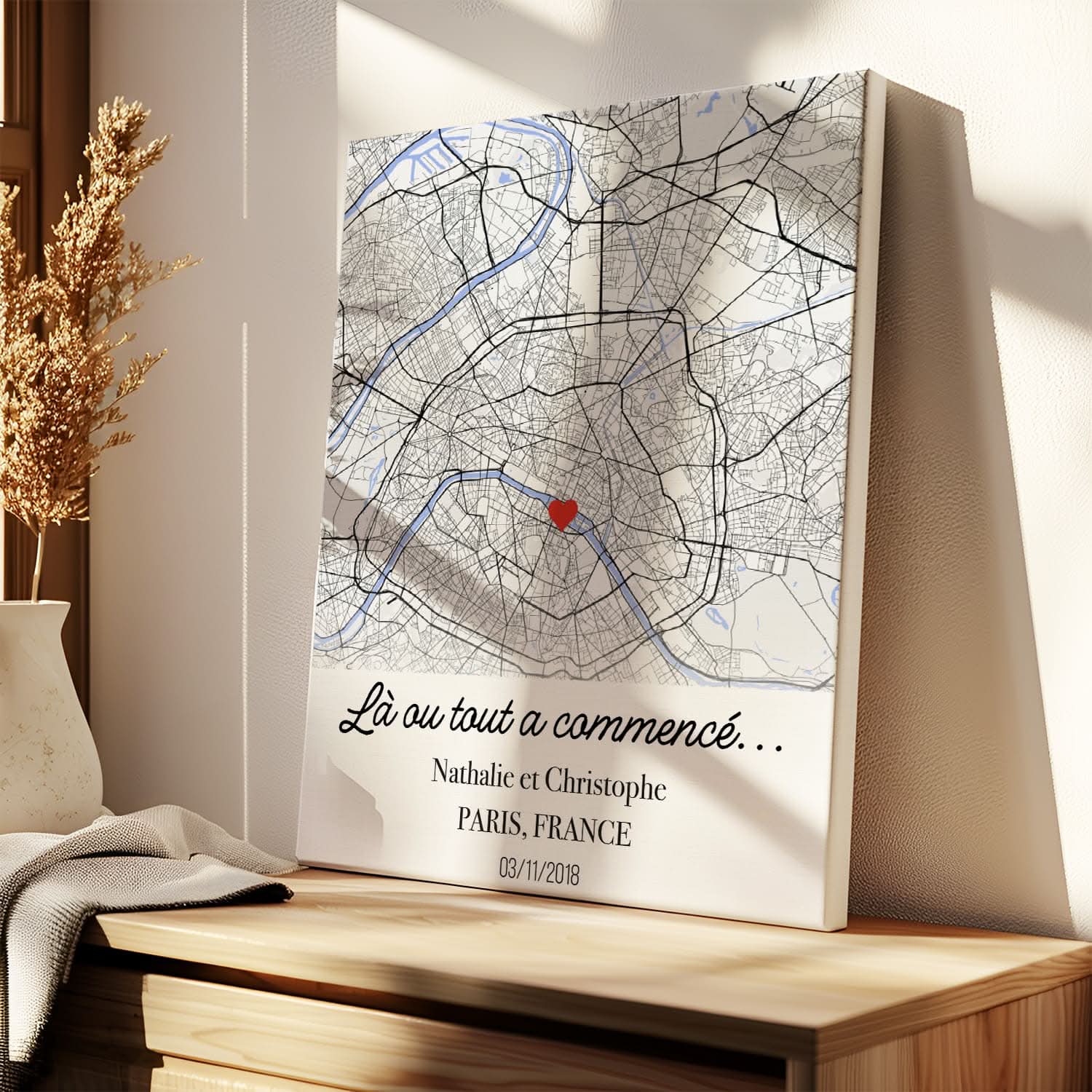 Toile Carte Personnalisée Lieu de Rencontre – Là où Tout a Commencé – Cadeau Couple