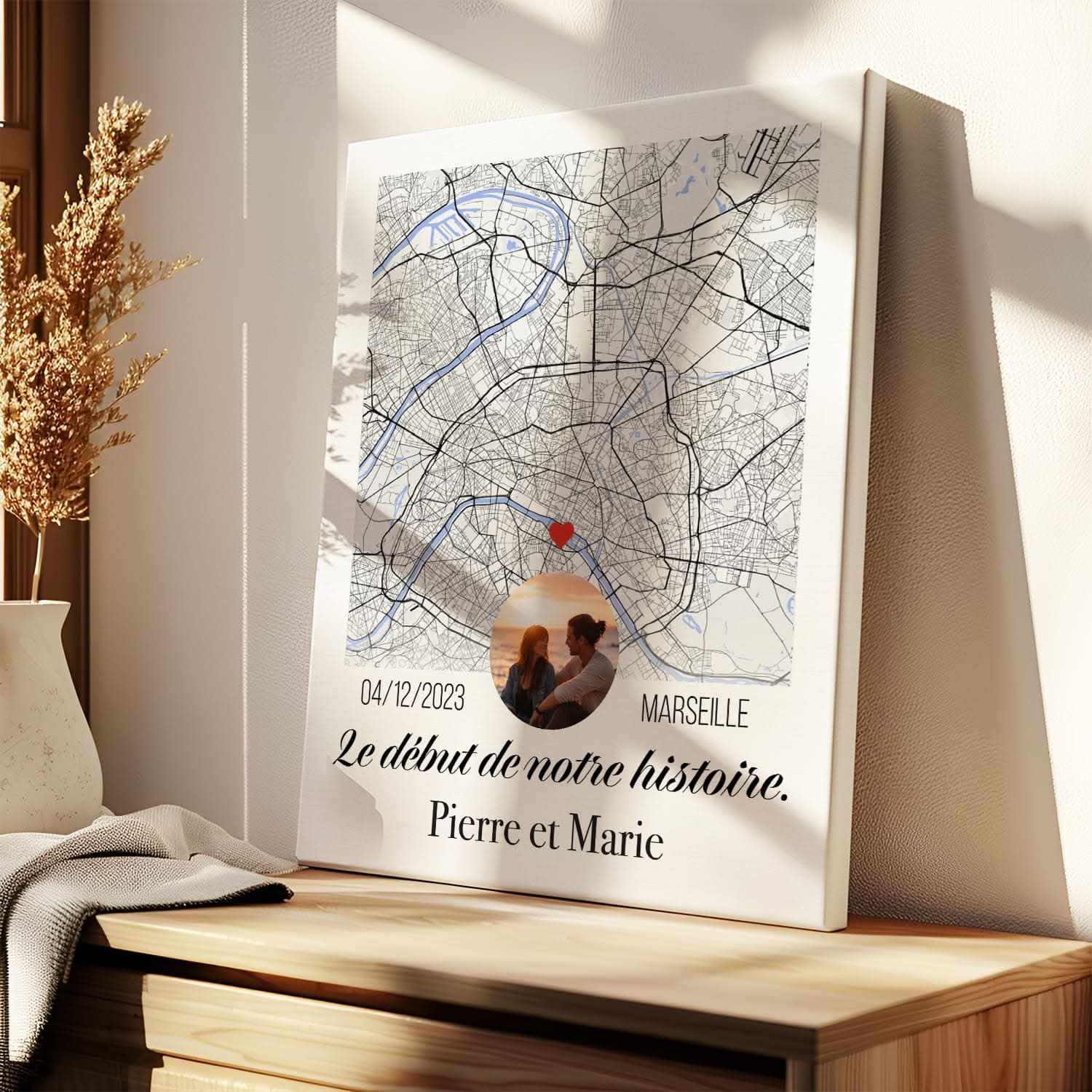 Toile Carte Personnalisée avec Photo – Lieu de Rencontre & Prénoms – Cadeau Couple