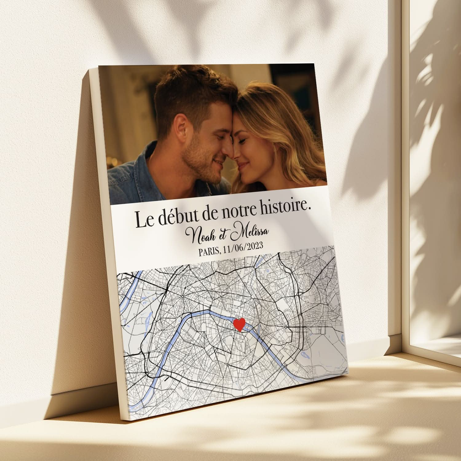 Toile Carte Lieu de Rencontre Personnalisée Premium – Votre Photo & Prénoms – Cadeau Couple
