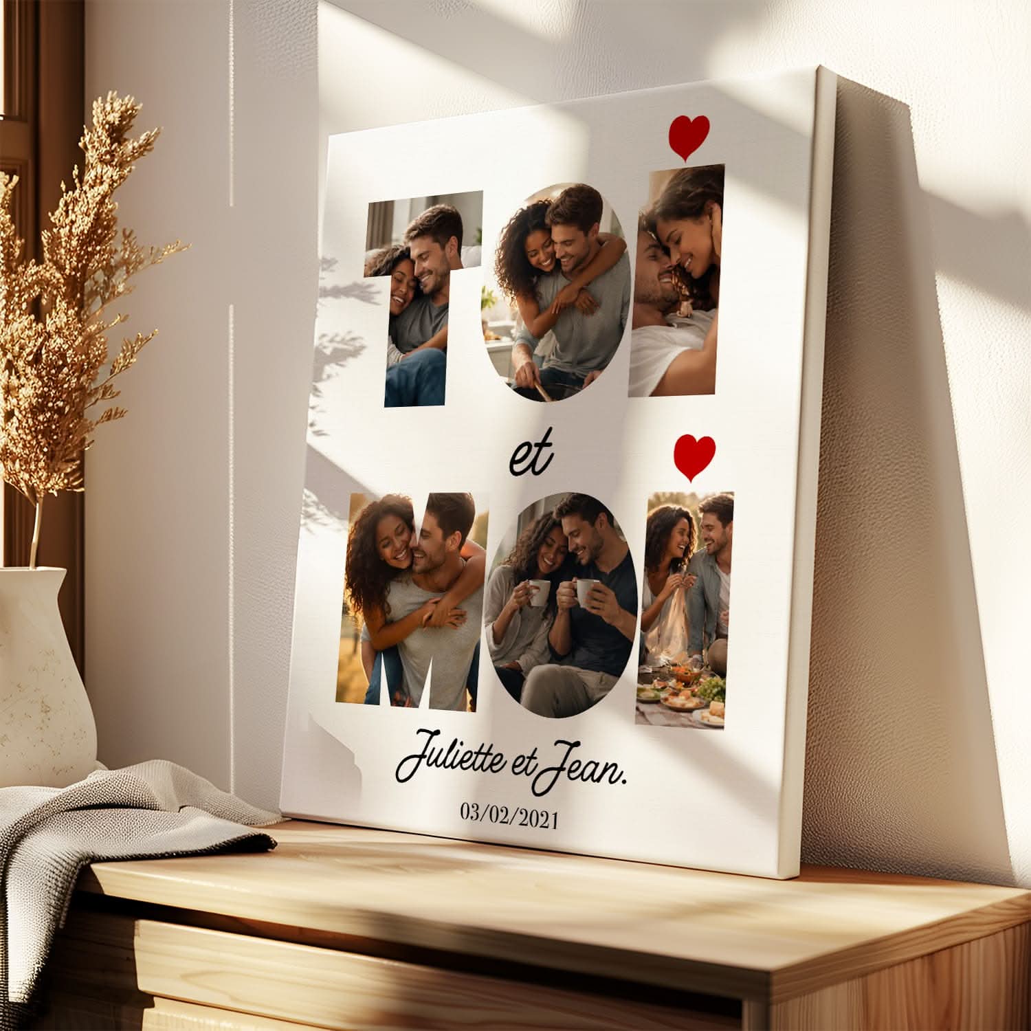 Toile Couple Personnalisée "Toi et Moi" – Prénoms & Date – Cadeau Couple Original