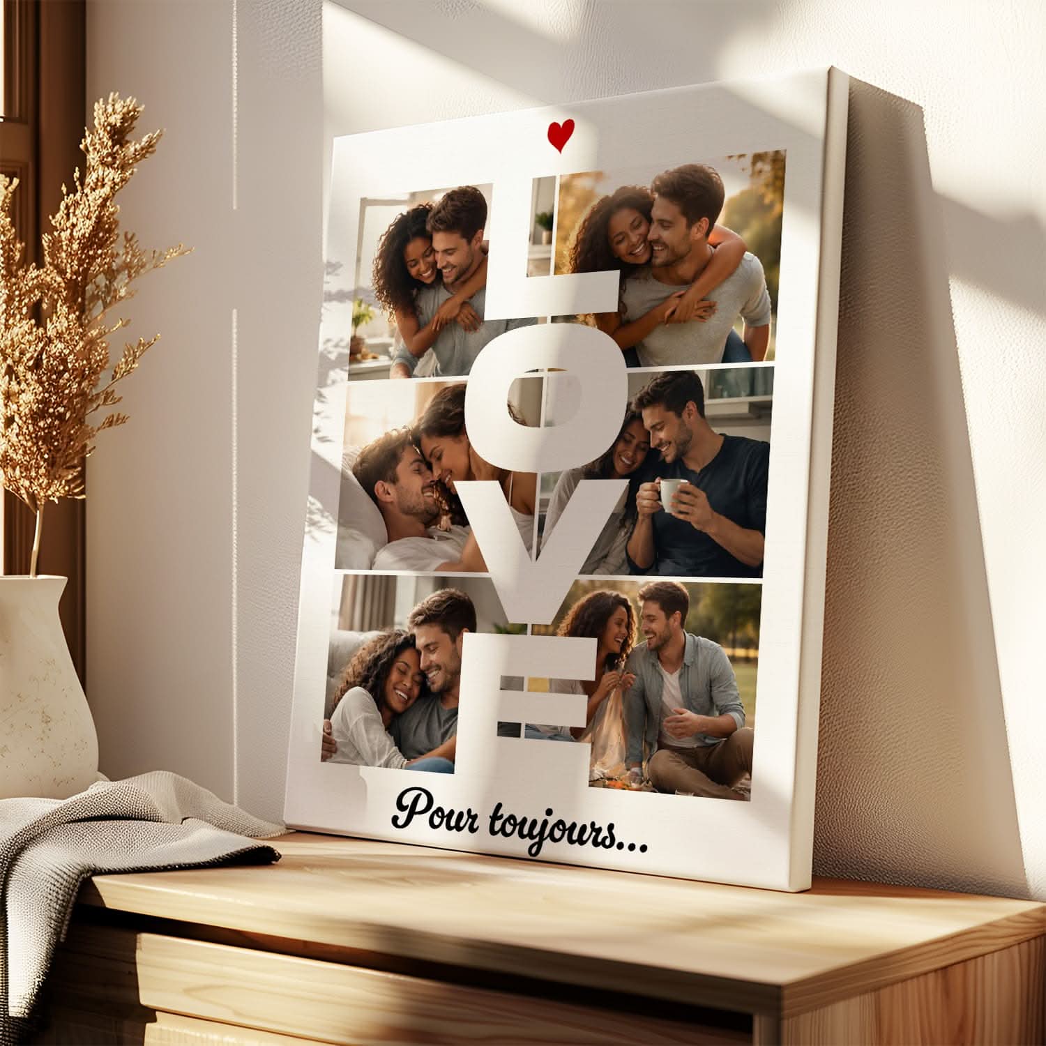 Toile Couple Personnalisée "LOVE" – Collage Photos – Cadeau Romantique Original