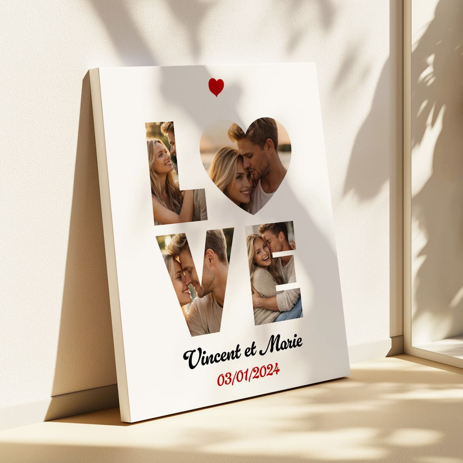 Toile LOVE Personnalisée avec Prénoms & Date – Collage Photos Couple – Cadeau Romantique