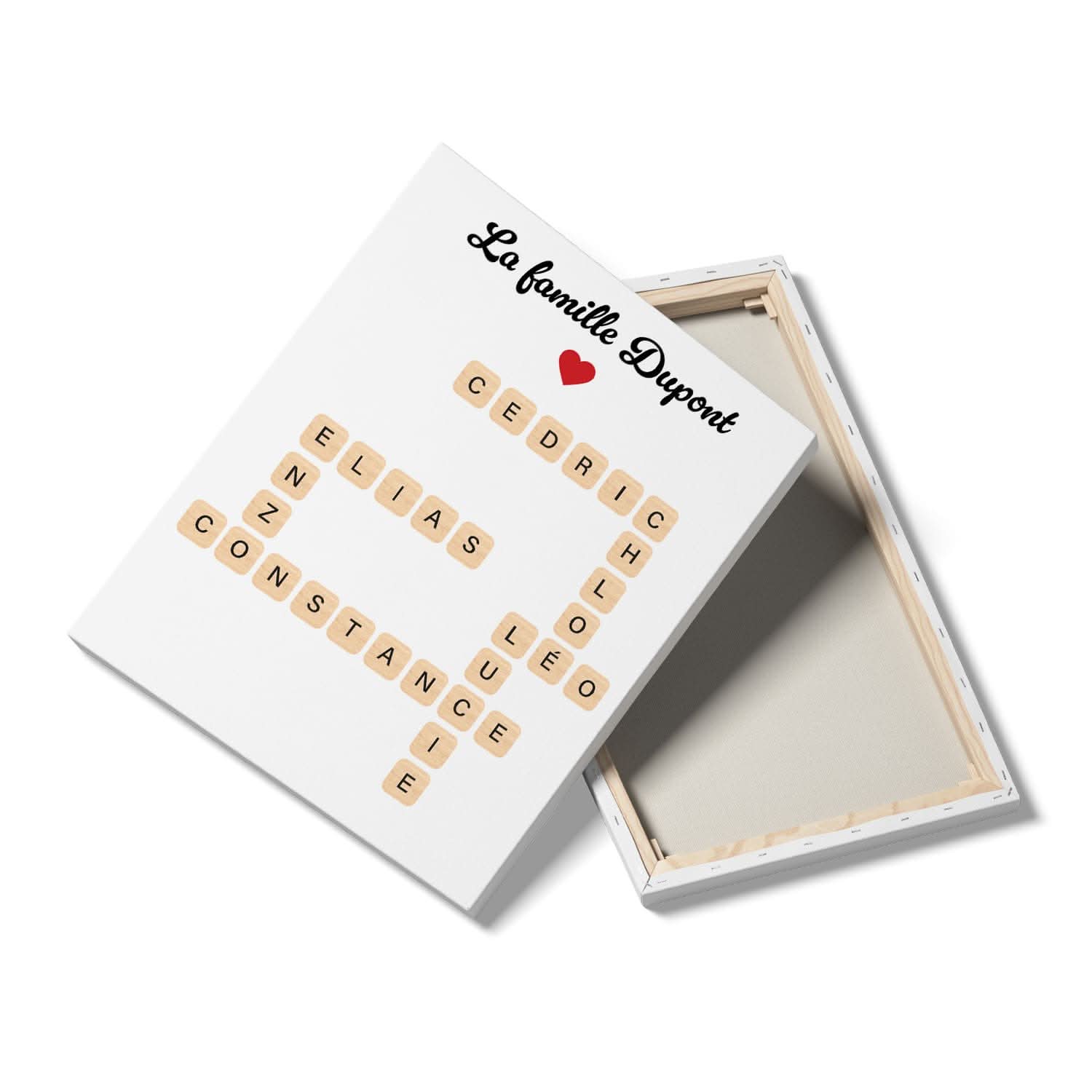Toile Mots Croisés Famille Personnalisée – Prénoms Style Scrabble – Cadeau Original (Blanc)
