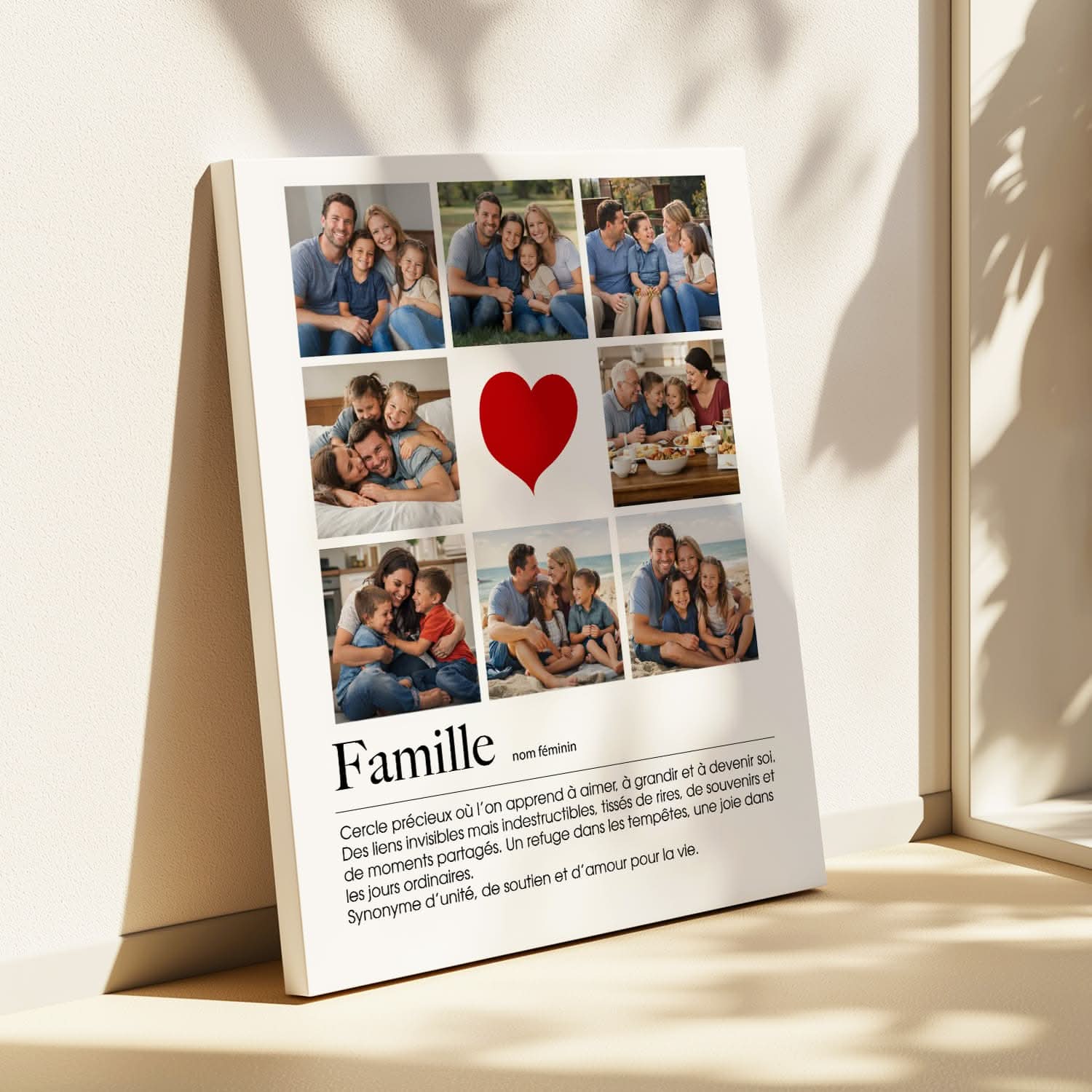 Toile Famille Personnalisée – Collage Photos avec Cœur – Cadeau Famille Original