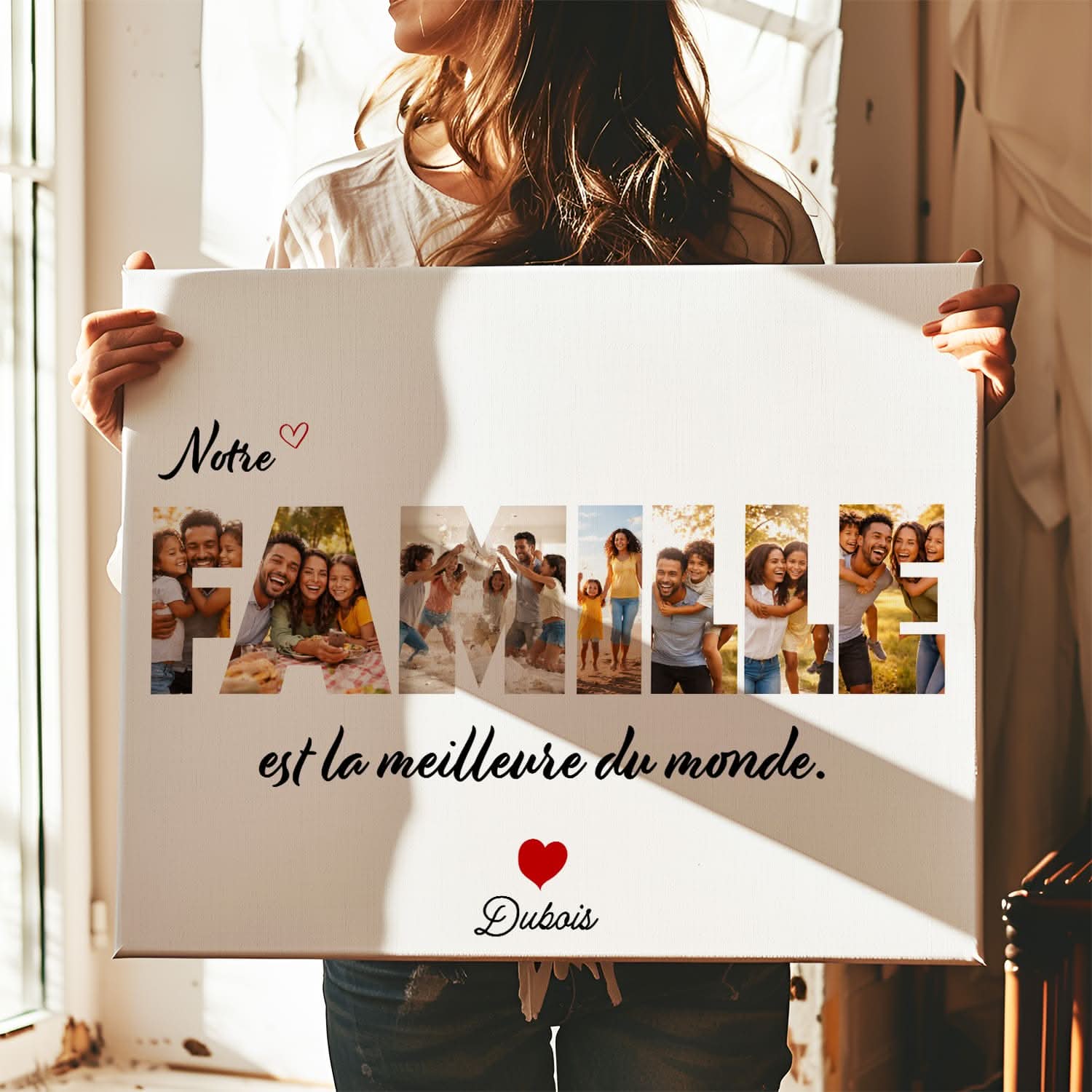 Toile Famille Personnalisée – Photos dans le Mot FAMILLE – Cadeau Unique avec Nom