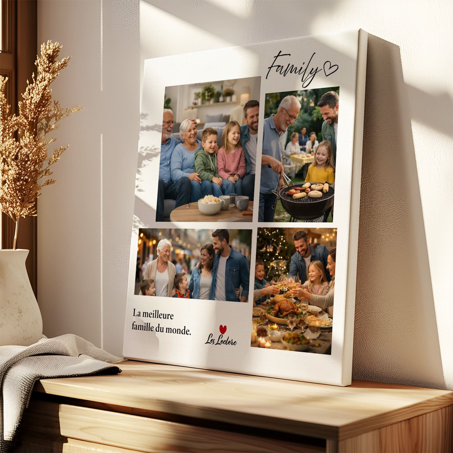 Toile Photo Famille Personnalisée – Collage avec Nom – Cadeau Parents Original