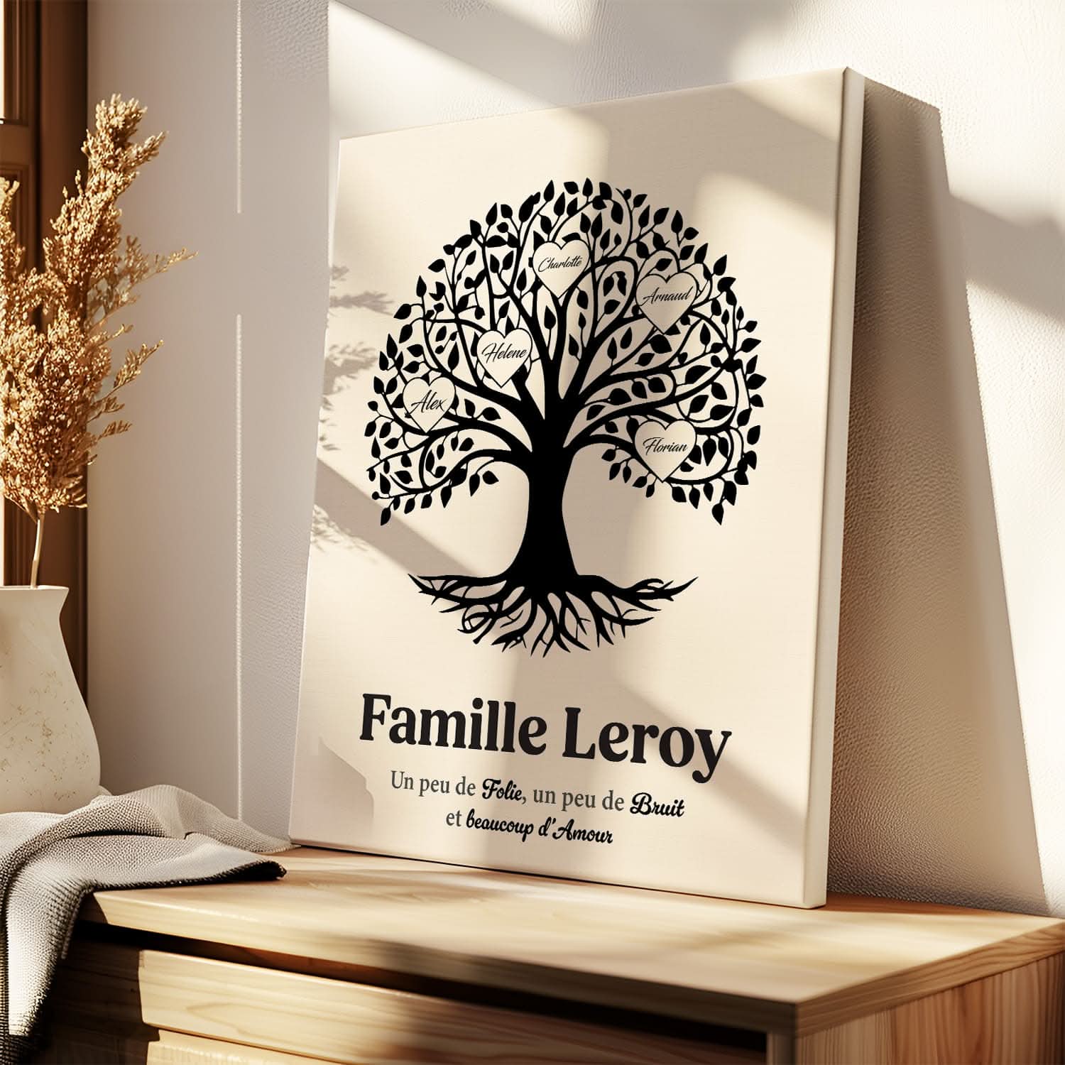 Toile Arbre Généalogique Personnalisé avec Prénoms – Cadeau Famille Original (Crème)