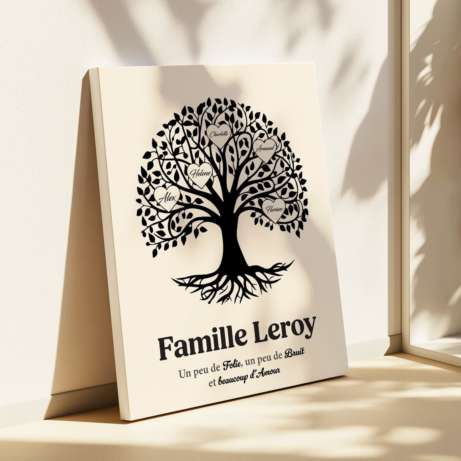 Toile Arbre Généalogique Personnalisé avec Prénoms – Cadeau Famille Original (Crème)