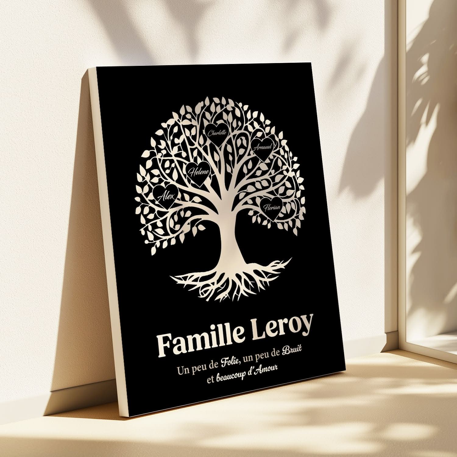 Toile Arbre Généalogique Personnalisé avec Prénoms – Cadeau Famille Original (Noir)