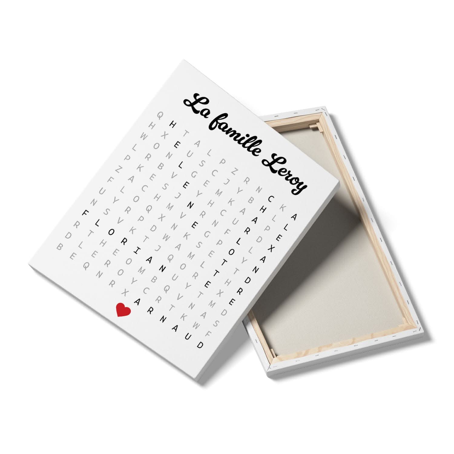 Toile Mots Mêlés Famille Personnalisée – Prénoms Cachés – Cadeau Original (Blanc)