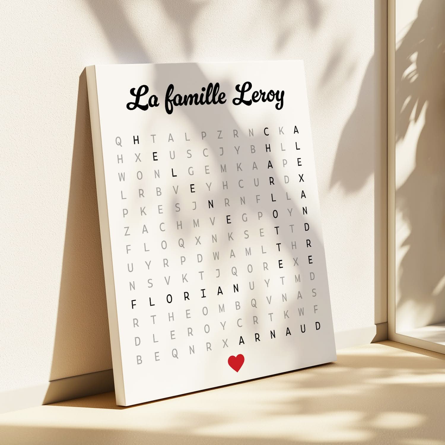Toile Mots Mêlés Famille Personnalisée – Prénoms Cachés – Cadeau Original (Blanc)