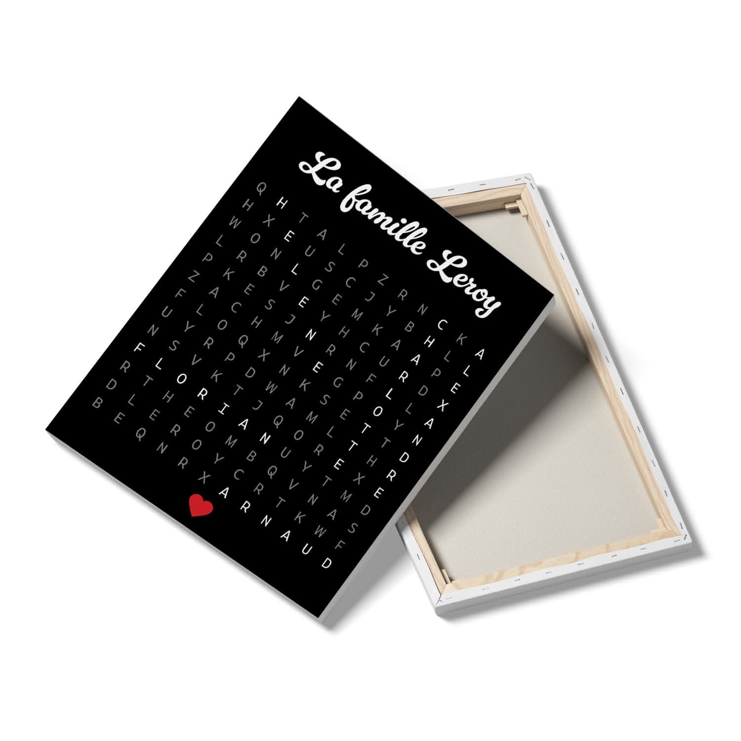 Toile Mots Mêlés Famille Personnalisée – Prénoms Cachés – Cadeau Original (Noir)