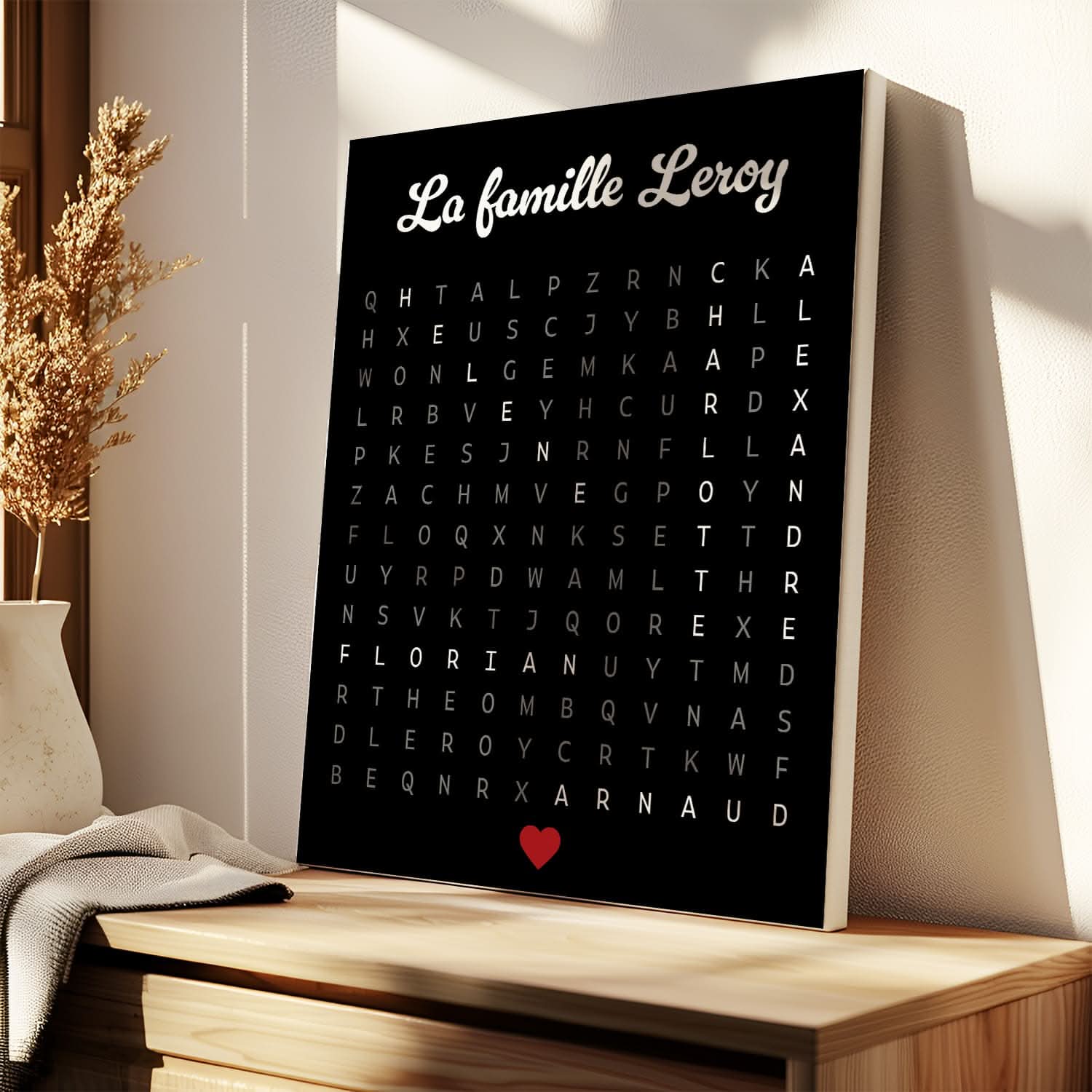Toile Mots Mêlés Famille Personnalisée – Prénoms Cachés – Cadeau Original (Noir)