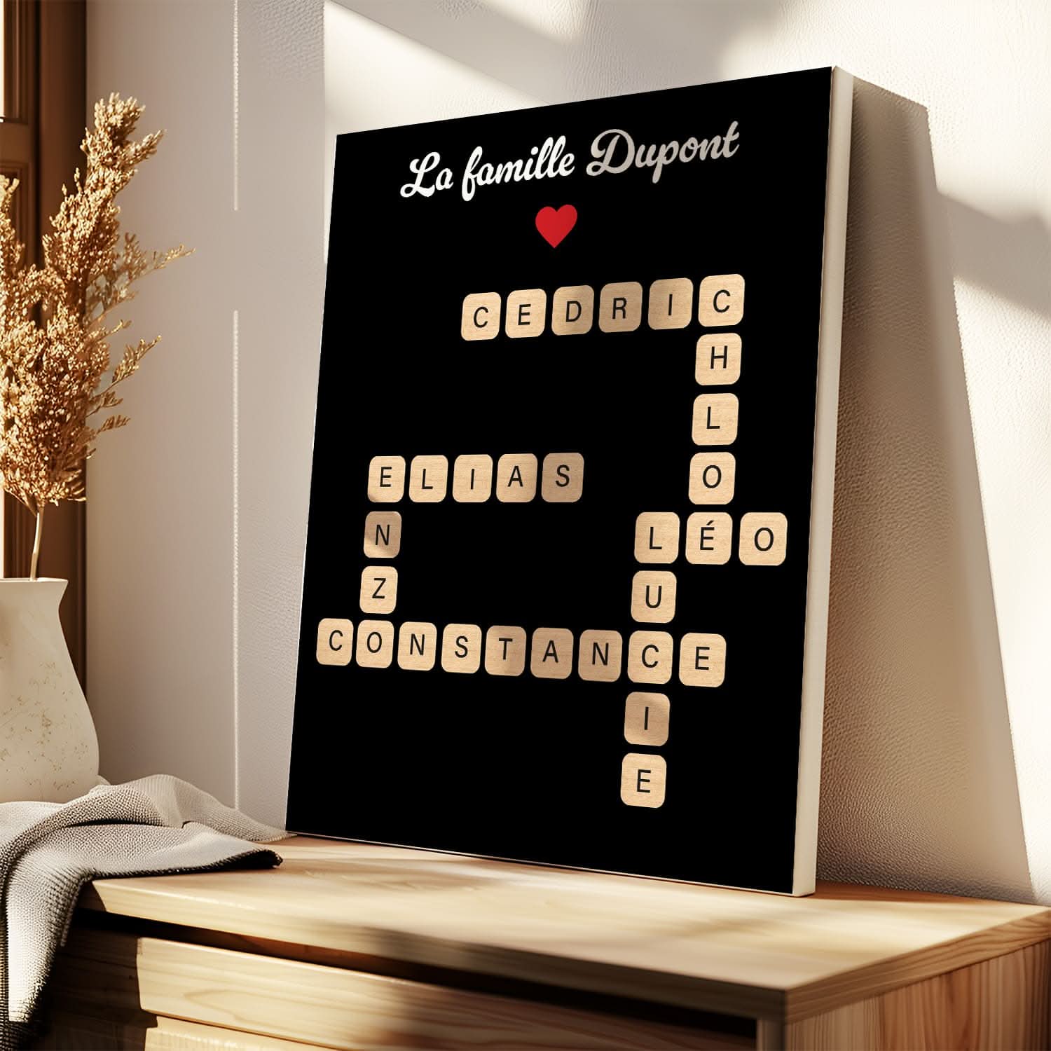 Toile Mots Croisés Famille Personnalisée – Prénoms Style Scrabble – Cadeau Original (Noir)