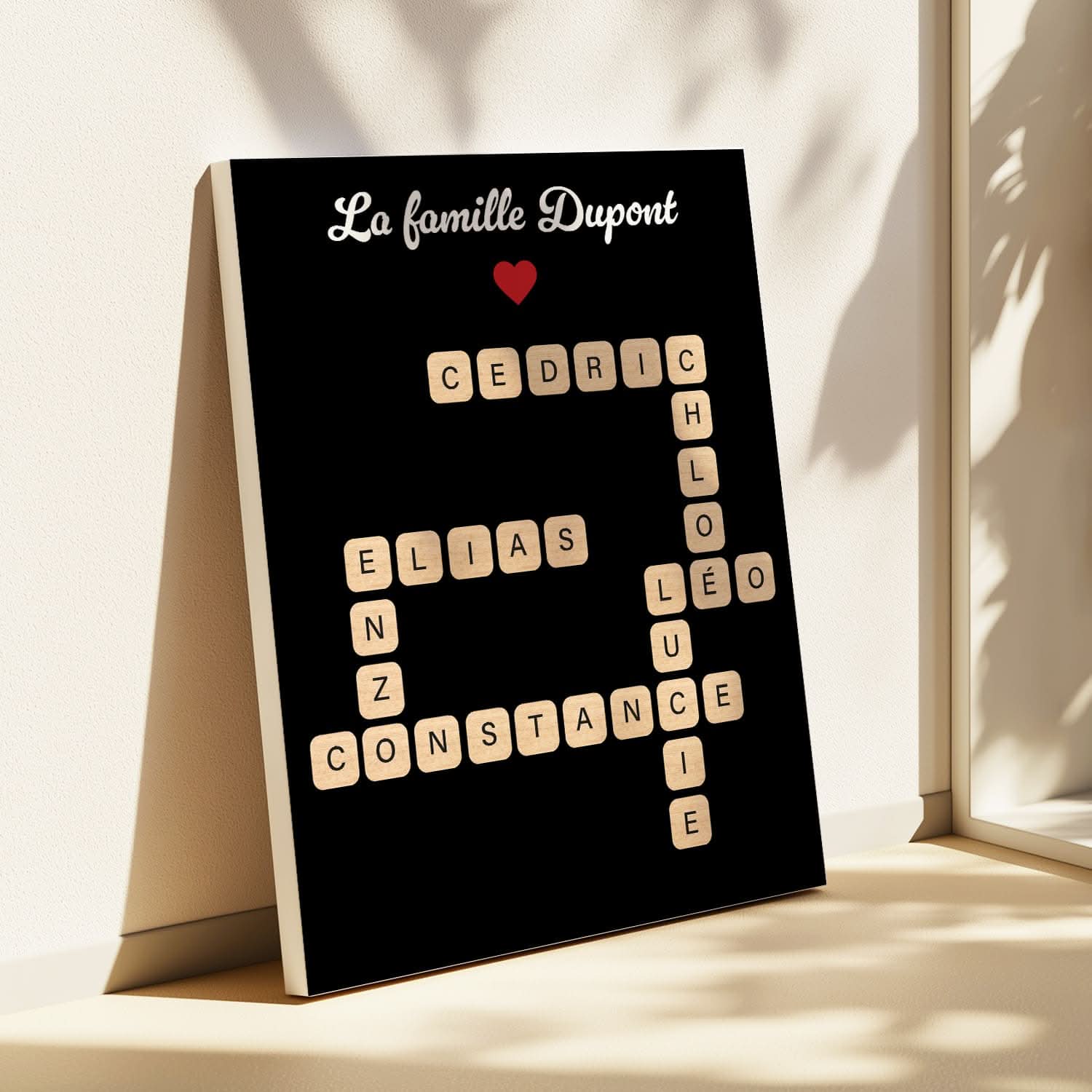 Toile Mots Croisés Famille Personnalisée – Prénoms Style Scrabble – Cadeau Original (Noir)