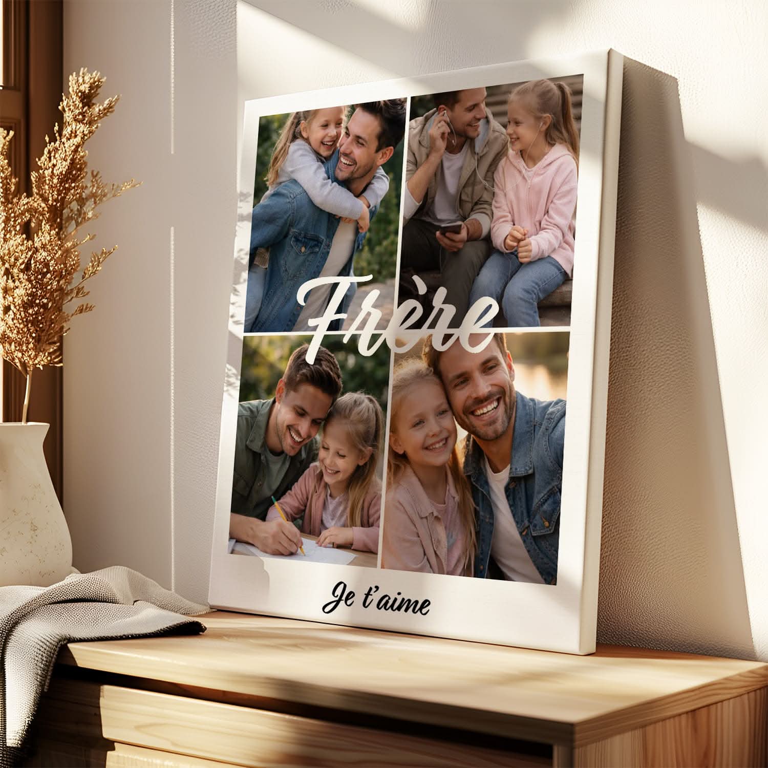 Toile Frère Personnalisé – Collage 4 Photos & Message – Cadeau Frère Original
