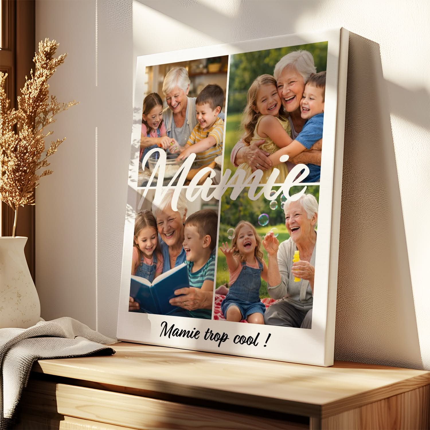Toile Mamie Personnalisée – Collage 4 Photos & Texte – Cadeau Grand-Mère Original