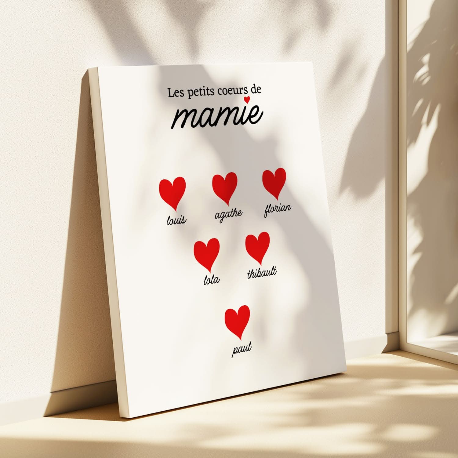 Toile Mamie Personnalisée – Les Petits Cœurs de Mamie – Prénoms Enfants