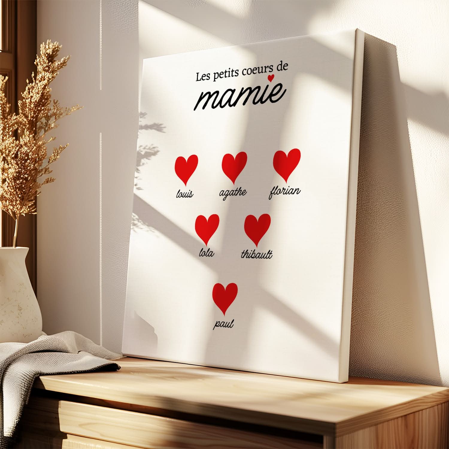 Toile Mamie Personnalisée – Les Petits Cœurs de Mamie avec Prénoms – Cadeau Grand-Mère