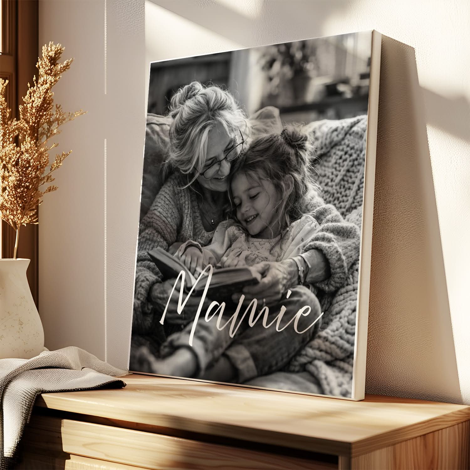 Toile Mamie Personnalisée Noir & Blanc – Photo Unique – Cadeau Grand-Mère Élégant