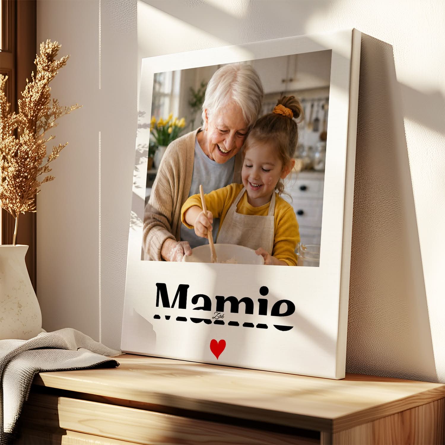 Toile Mamie Personnalisée Style Polaroid avec Prénom – Cadeau Grand-Mère Original