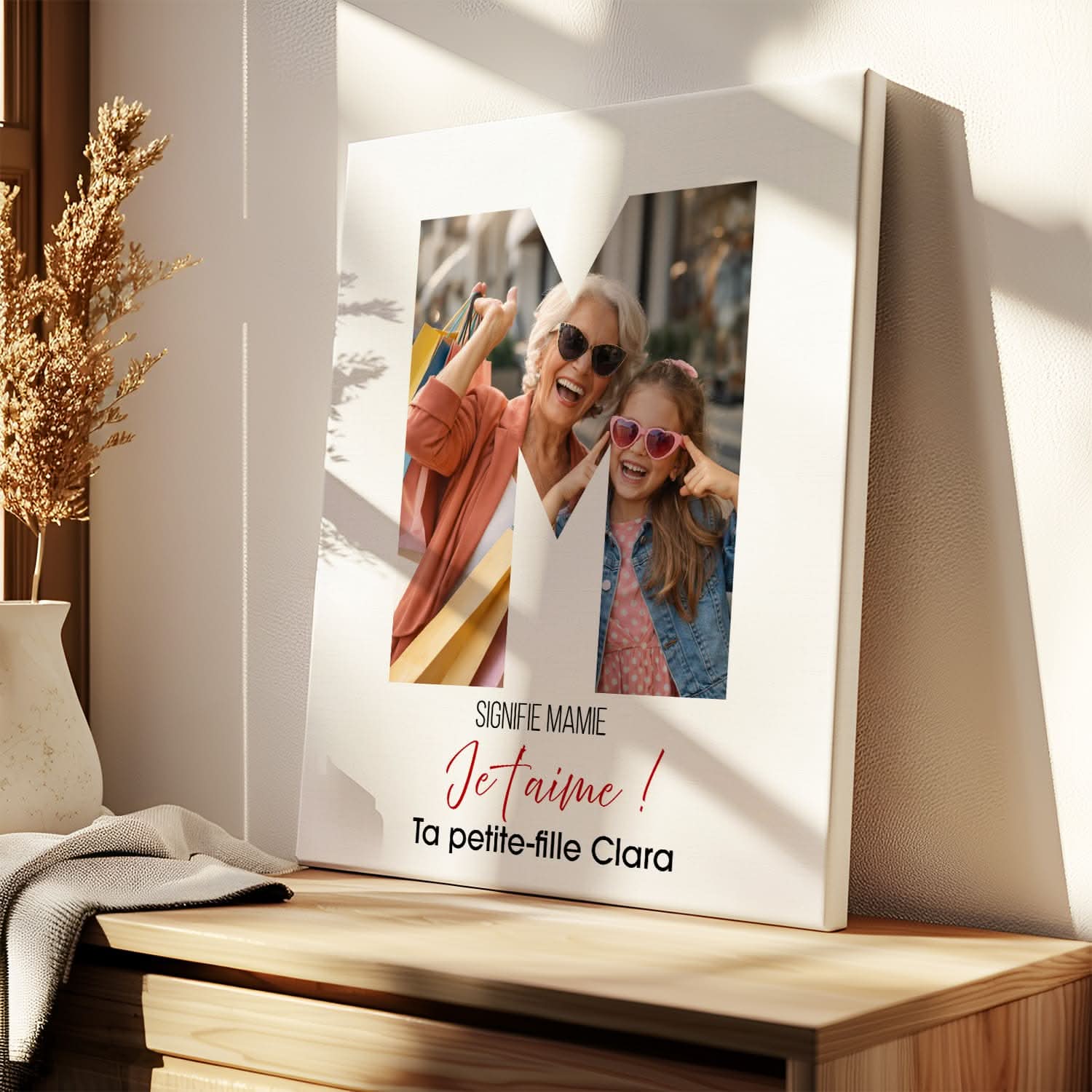 Toile Mamie Personnalisée Lettre M avec Photo – Cadeau Grand-Mère Original