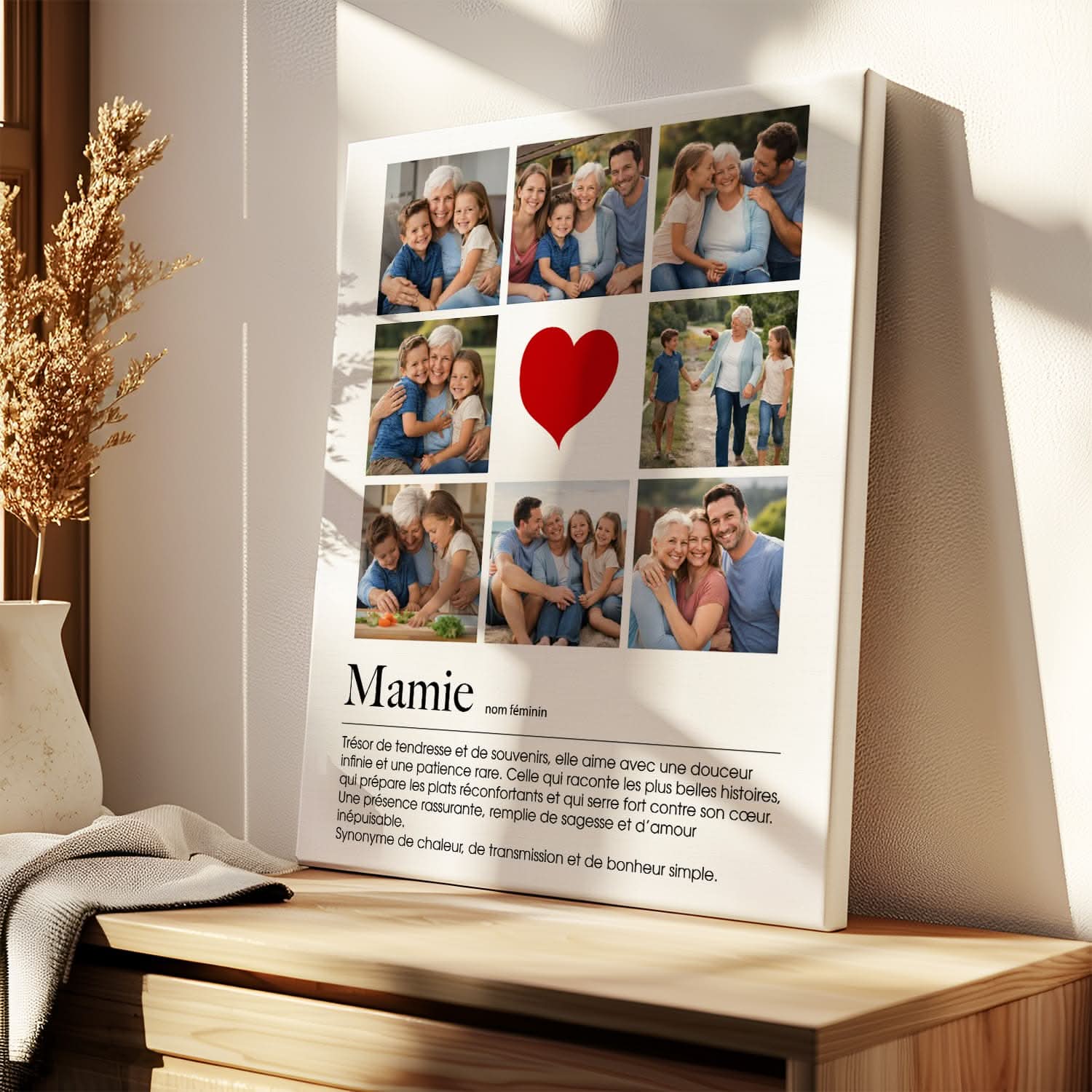 Toile Mamie Personnalisée – Collage Photos avec Cœur – Cadeau Grand-Mère Émotion