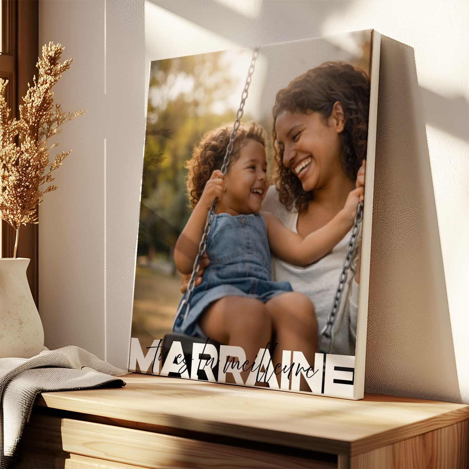 Toile Marraine Personnalisée – Photo Pleine Page avec Message – Cadeau Marraine Original