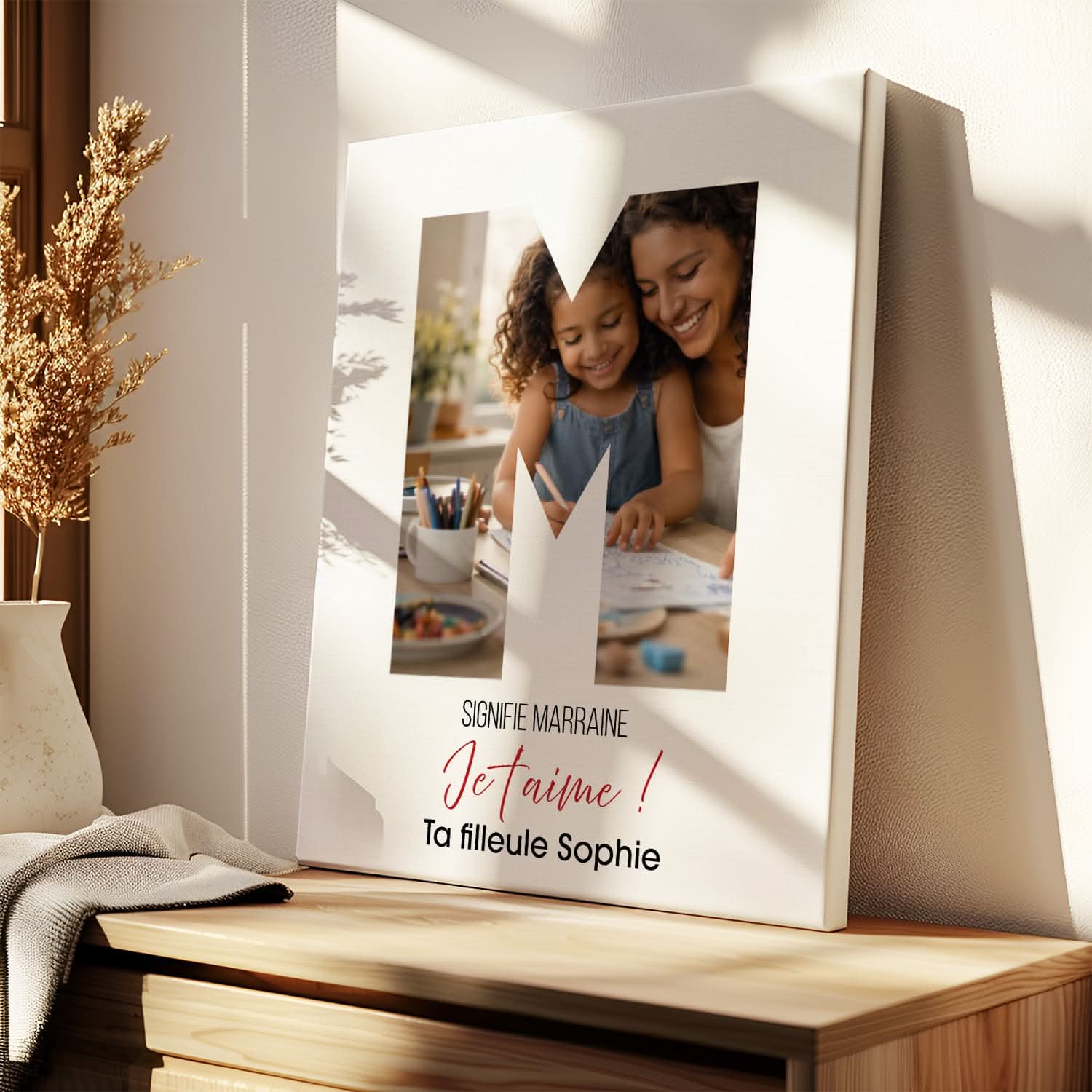 Toile Marraine Personnalisée Lettre M avec Photo & Message – Cadeau Marraine Original