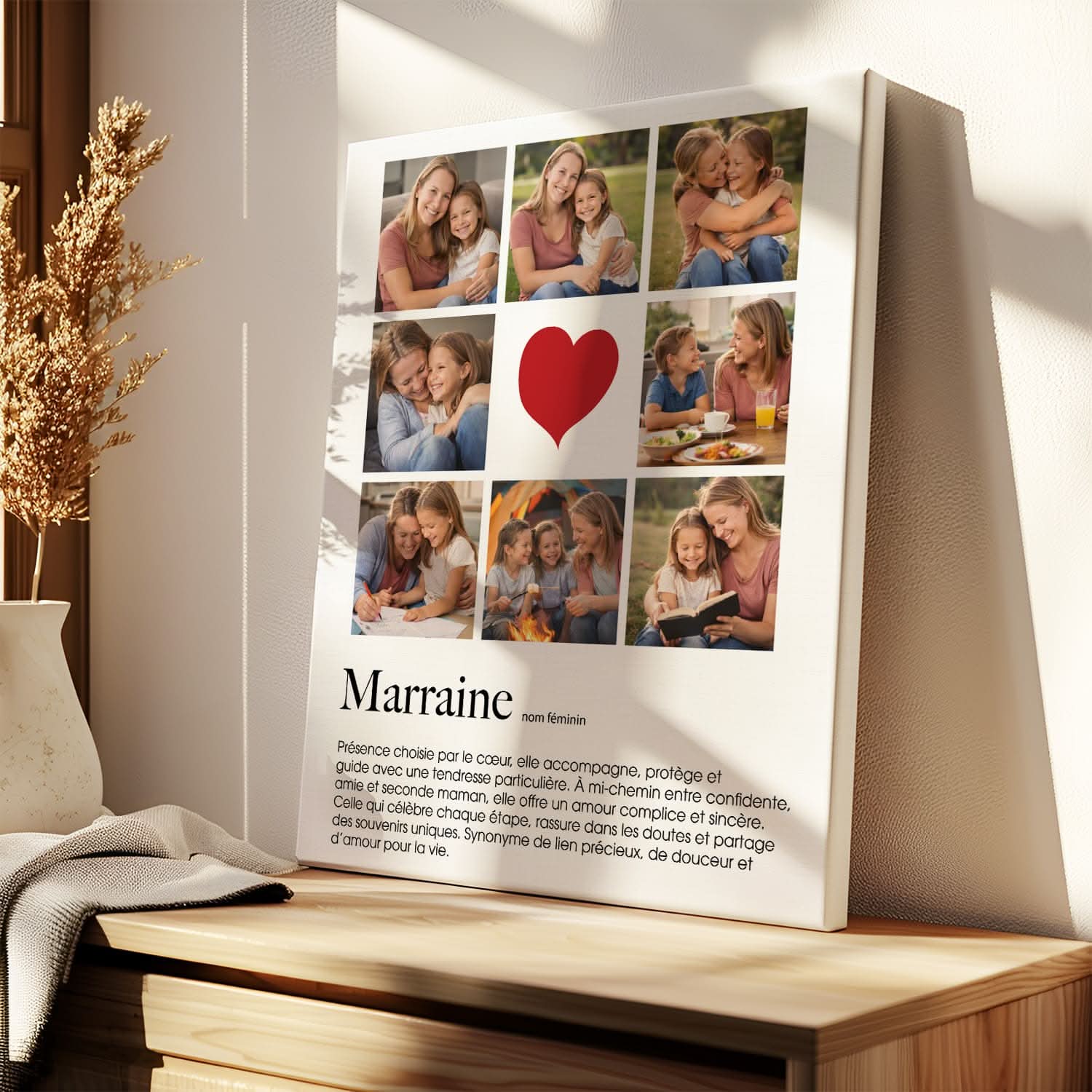 Toile Marraine Personnalisée – Collage 8 Photos & Définition – Cadeau Marraine Original