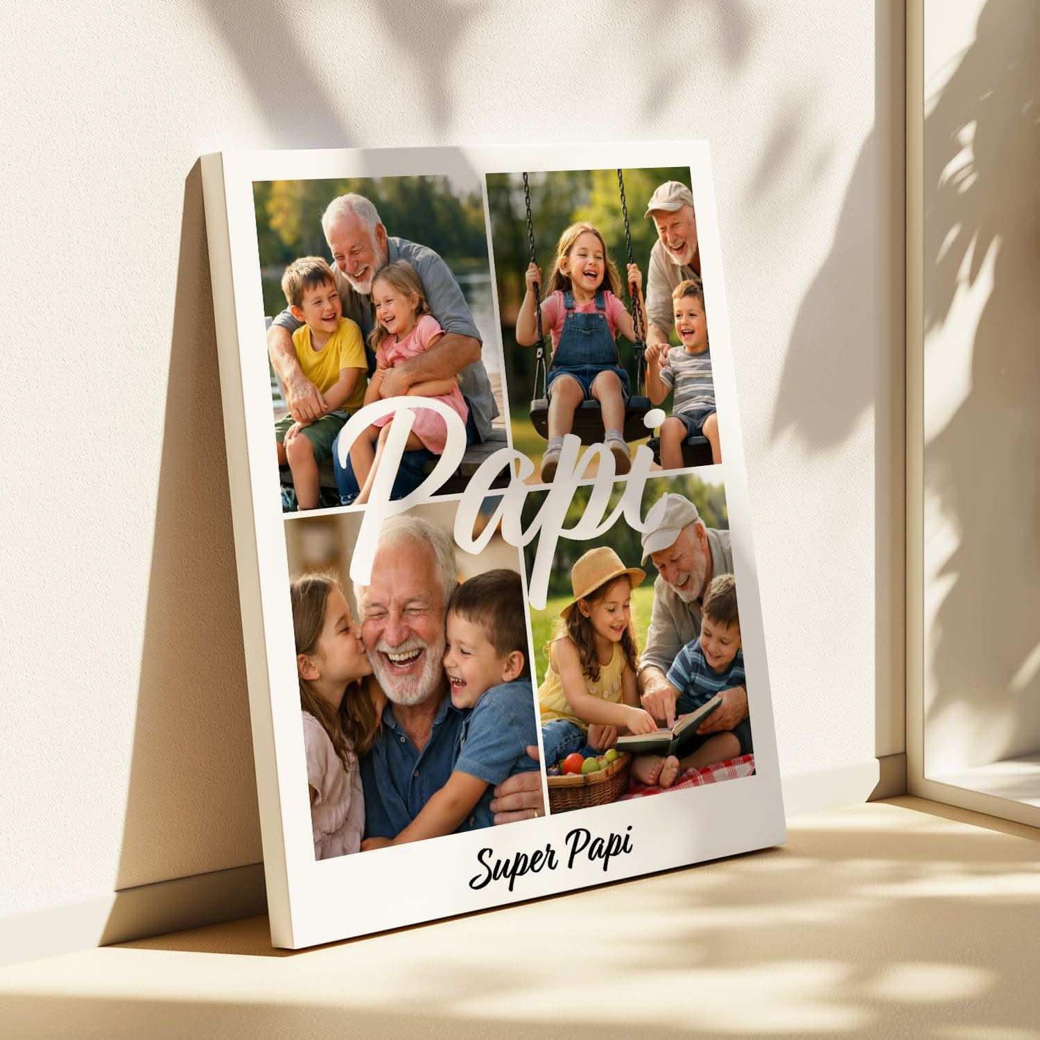 Toile Papi Personnalisée – Collage 4 Photos – Cadeau Grand-Père Original