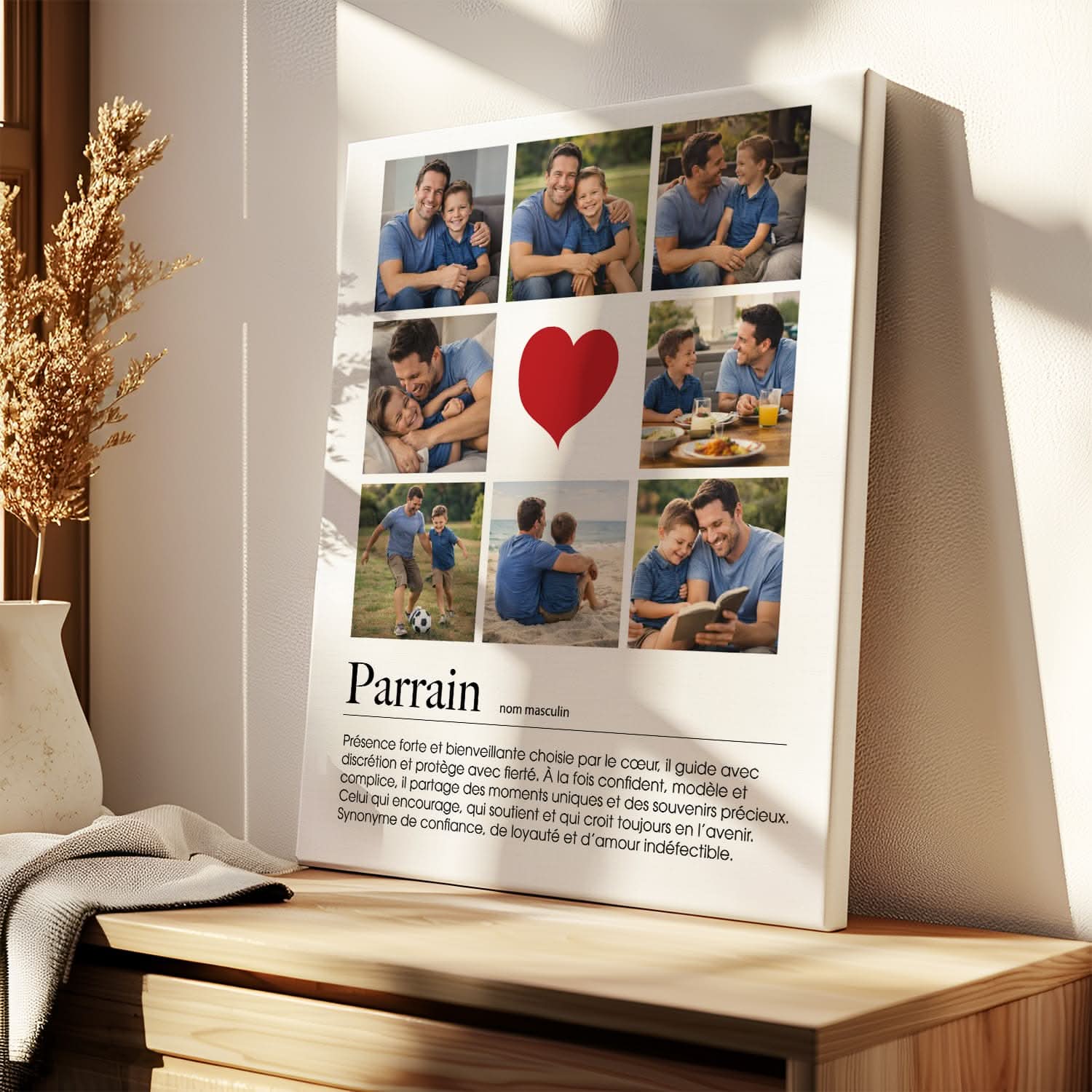 Toile Parrain Personnalisée – Collage 8 Photos & Définition – Cadeau Parrain Original