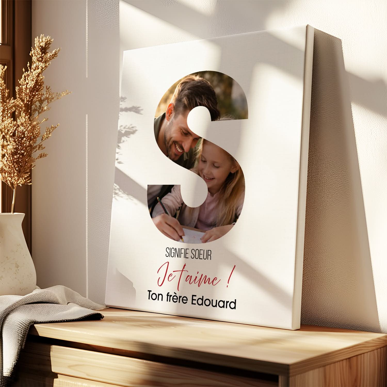 Toile Sœur Personnalisée Lettre S avec Photo & Message – Cadeau Sœur Original