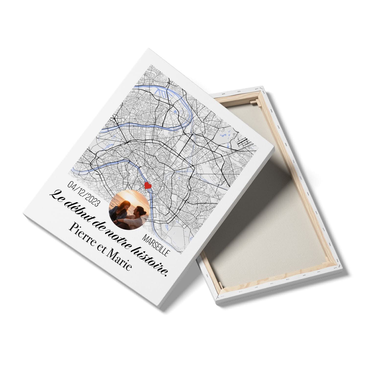 Toile Carte Personnalisée avec Photo – Lieu de Rencontre &amp; Prénoms – Cadeau Couple