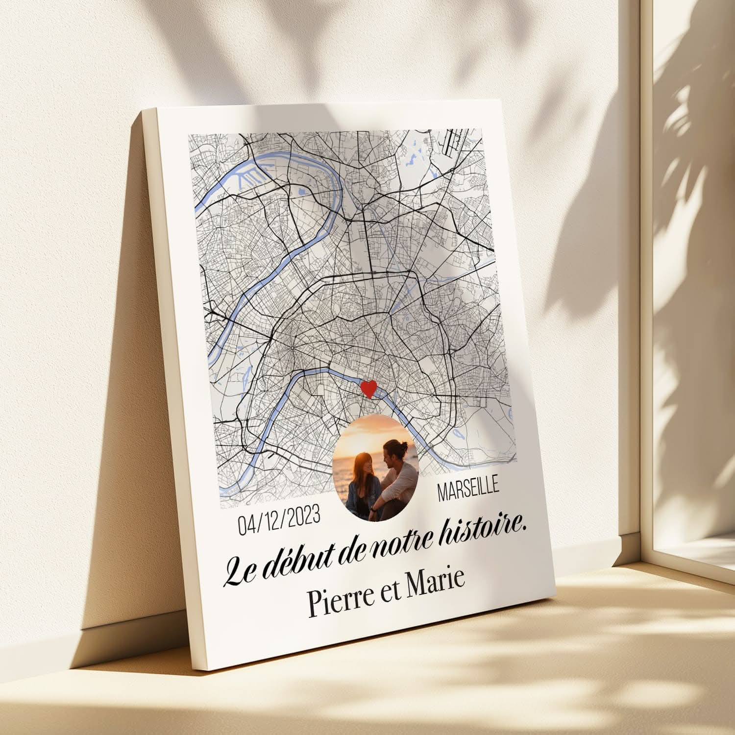 Toile Carte Personnalisée avec Photo – Lieu de Rencontre &amp; Prénoms – Cadeau Couple