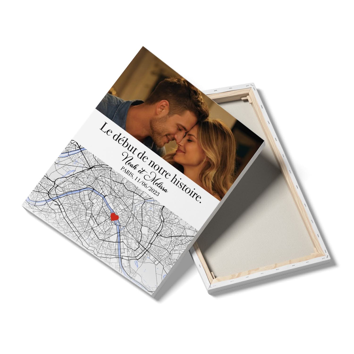 Toile Carte Lieu de Rencontre Personnalisée Premium – Votre Photo &amp; Prénoms – Cadeau Couple