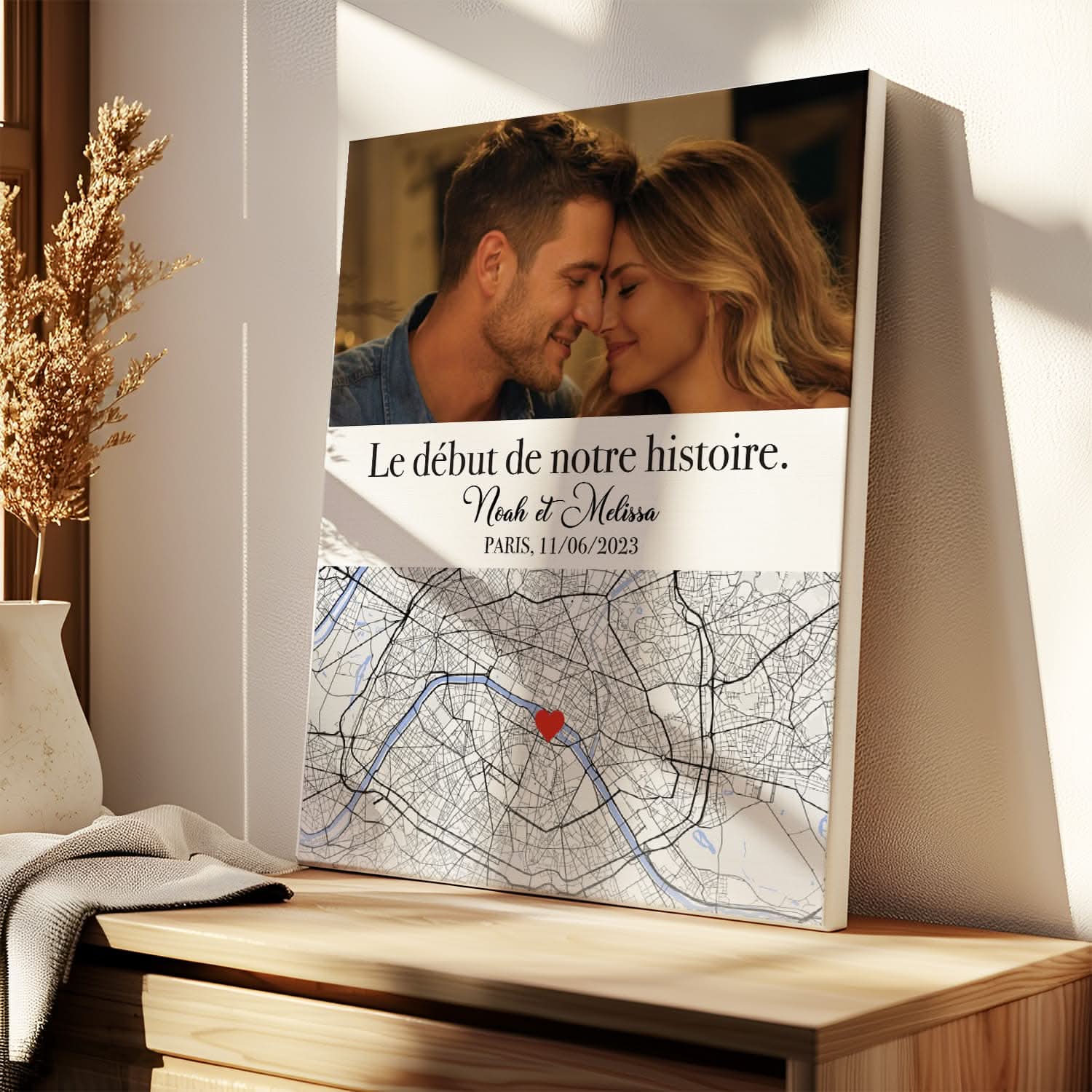 Toile Carte Lieu de Rencontre Personnalisée Premium – Votre Photo &amp; Prénoms – Cadeau Couple