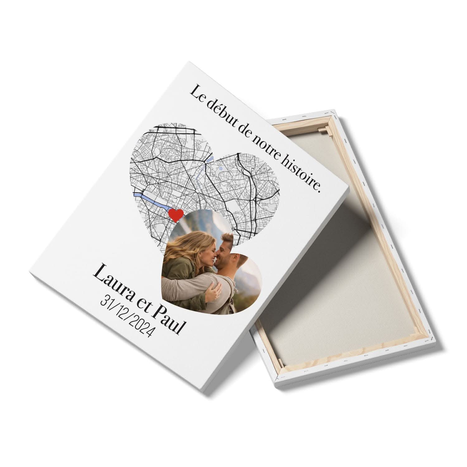 Toile Carte Cœur Personnalisée avec Photo – Début de Notre Histoire – Cadeau Couple