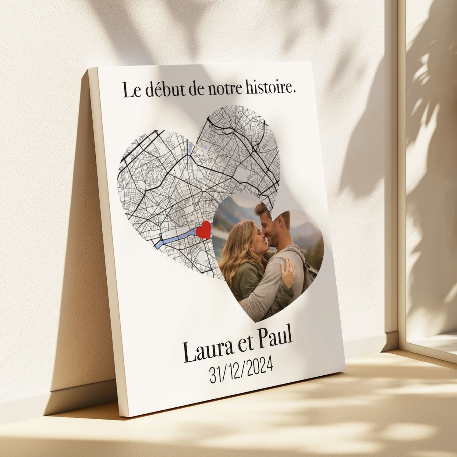 Toile Carte Cœur Personnalisée avec Photo – Début de Notre Histoire – Cadeau Couple