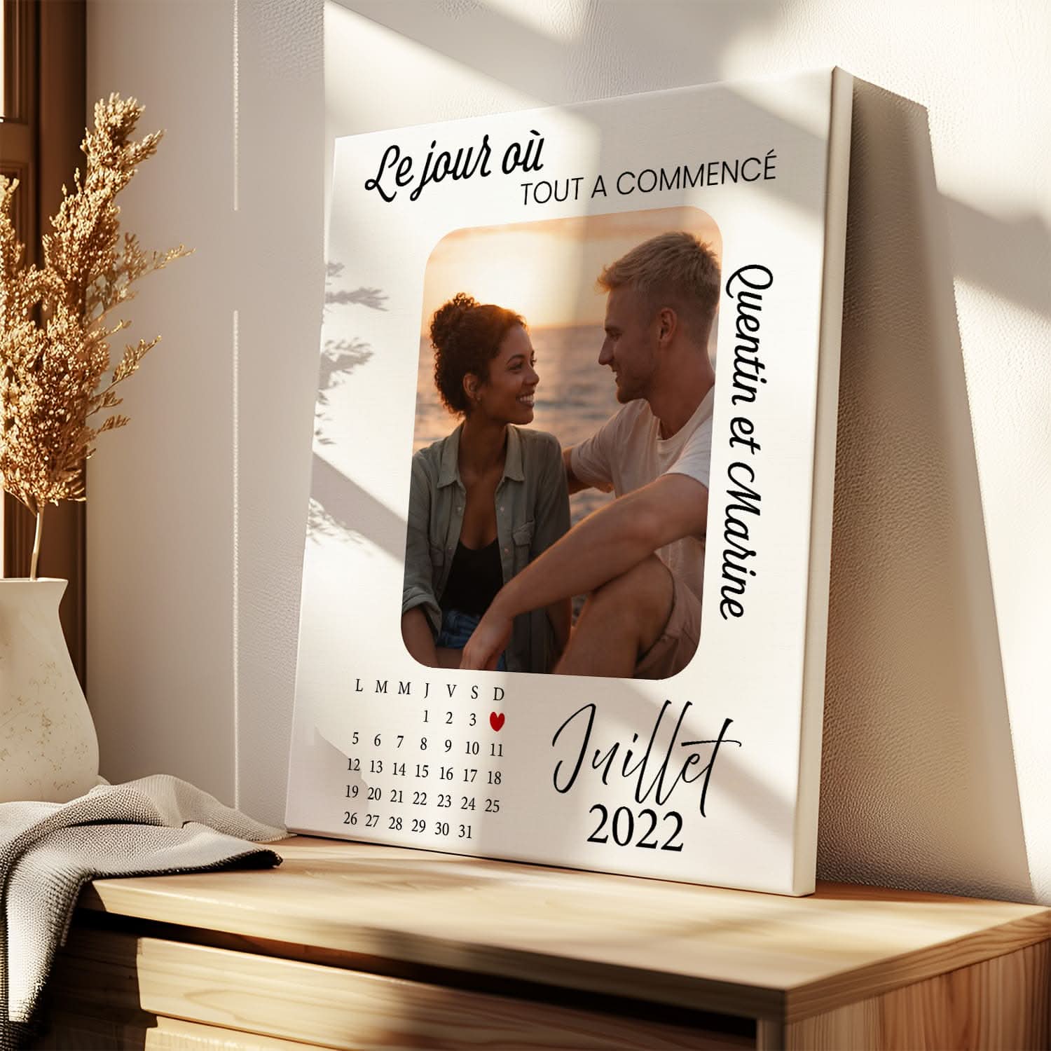 Toile Date Personnalisée avec Photo – Le Jour où Tout a Commencé – Cadeau Couple Original