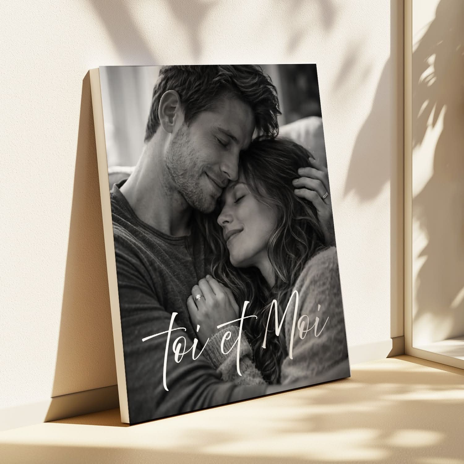 Toile Photo Couple Personnalisée – Portrait Romantique Noir &amp; Blanc – Cadeau Amoureux
