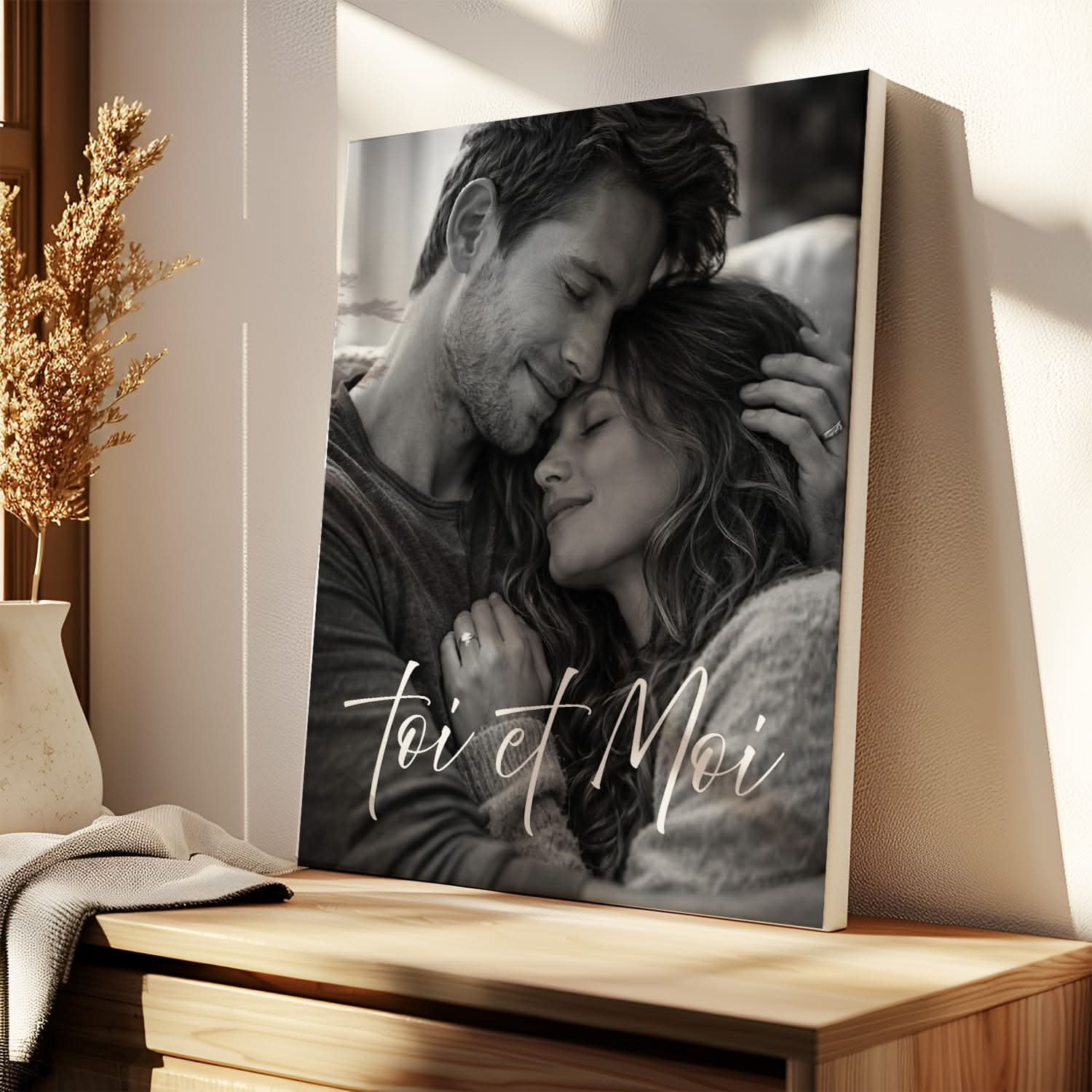 Toile Photo Couple Personnalisée – Portrait Romantique Noir &amp; Blanc – Cadeau Amoureux