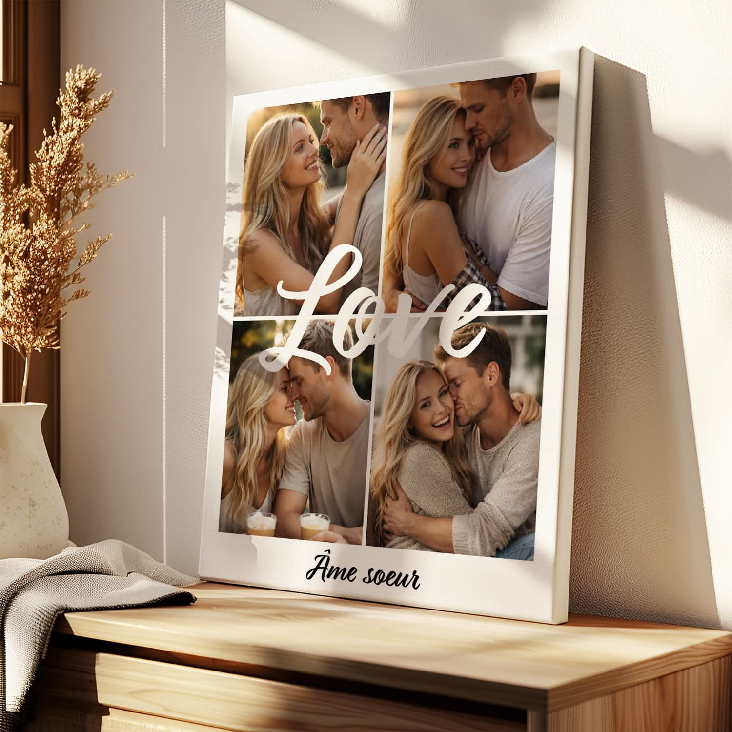 Toile Couple Personnalisée "Love" – Collage 4 Photos &amp; Texte – Cadeau Romantique
