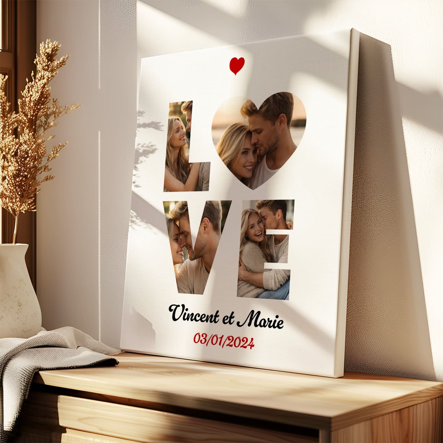 Toile LOVE Personnalisée avec Prénoms &amp; Date – Collage Photos Couple – Cadeau Romantique