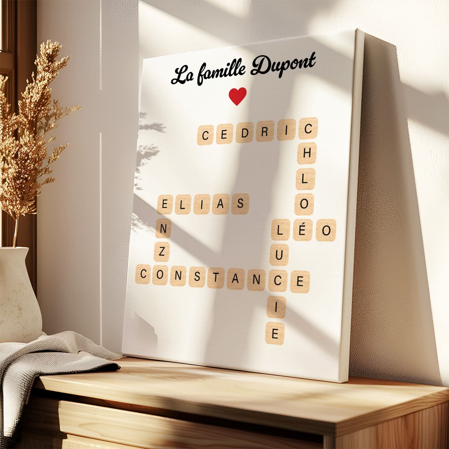 Toile Mots Croisés Famille Personnalisée – Prénoms Style Scrabble – Cadeau Original (Blanc)