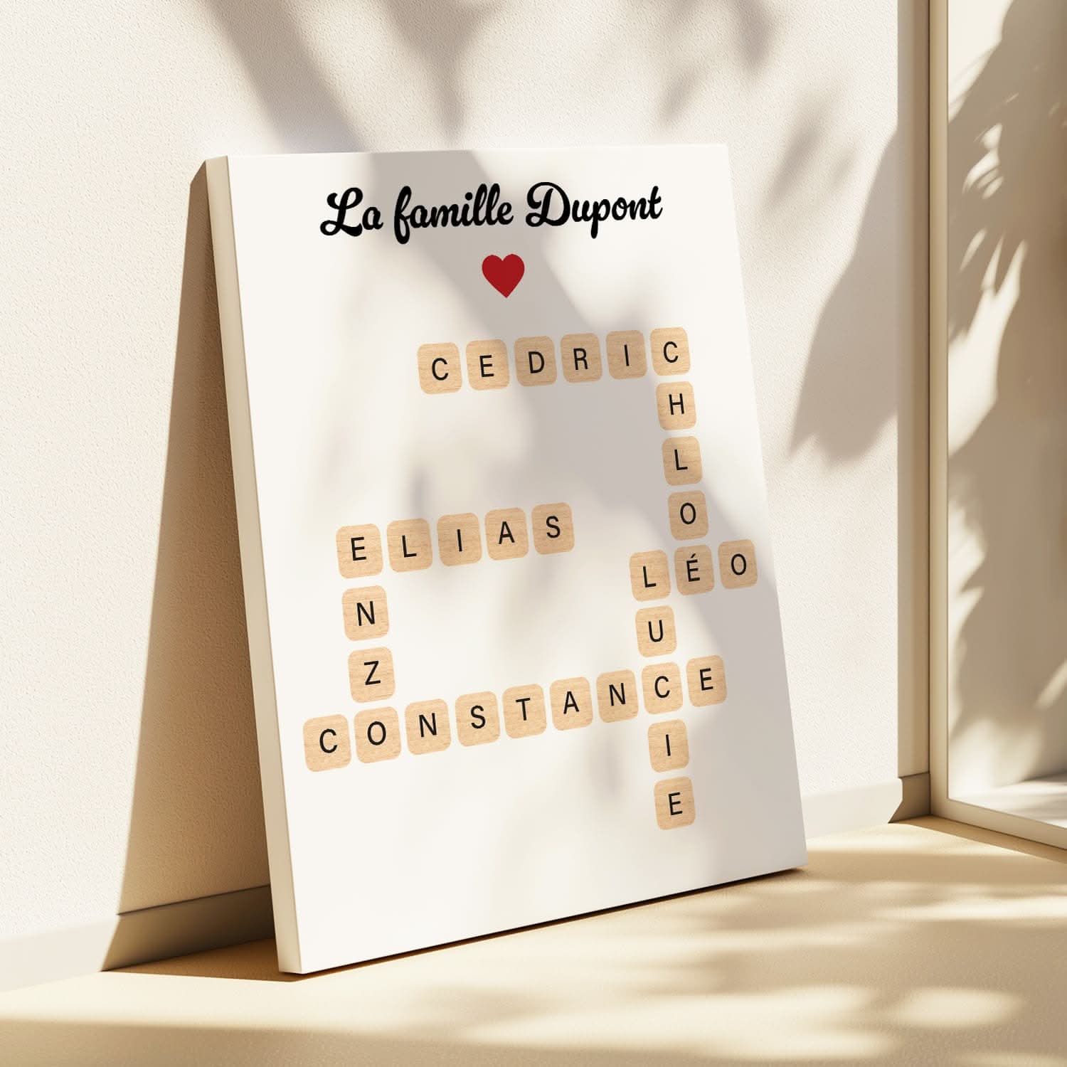 Toile Mots Croisés Famille Personnalisée – Prénoms Style Scrabble – Cadeau Original (Blanc)