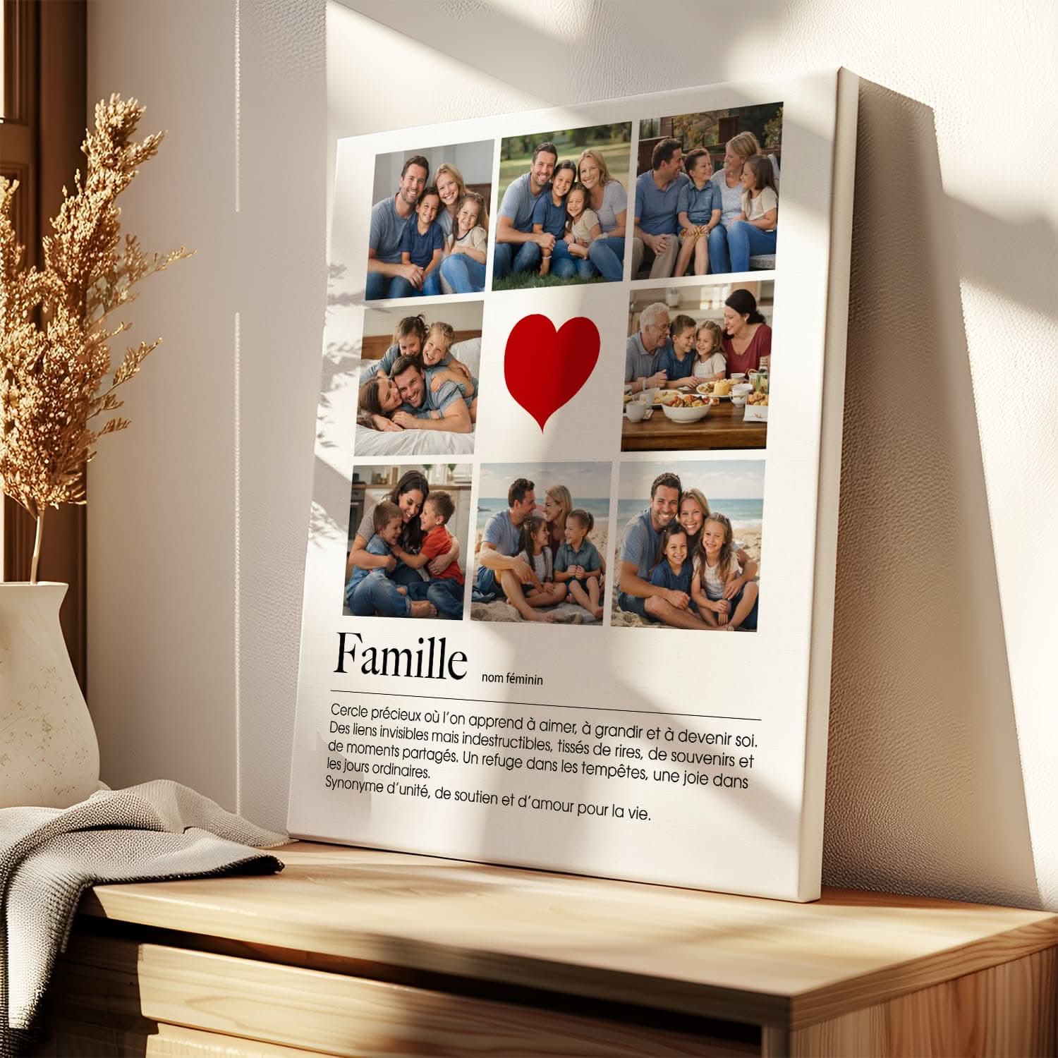 Toile Famille Personnalisée – Collage Photos avec Cœur – Cadeau Famille Original